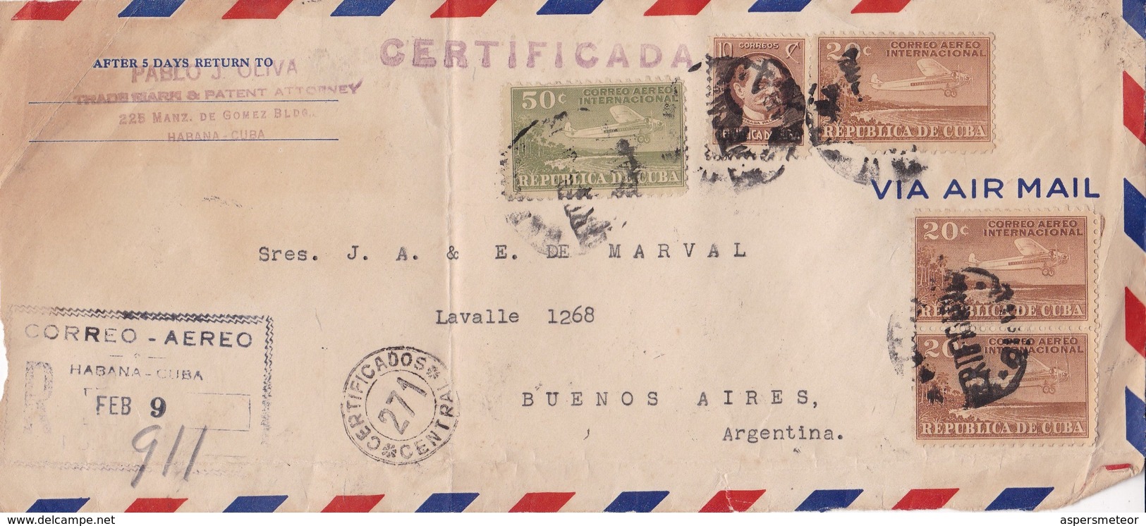 AIRMAIL FRONT CIRCULEE CUBA TO BUENOS AIRES CIRCA 1930s RECOMMANDE - BLEUP - Luchtpost