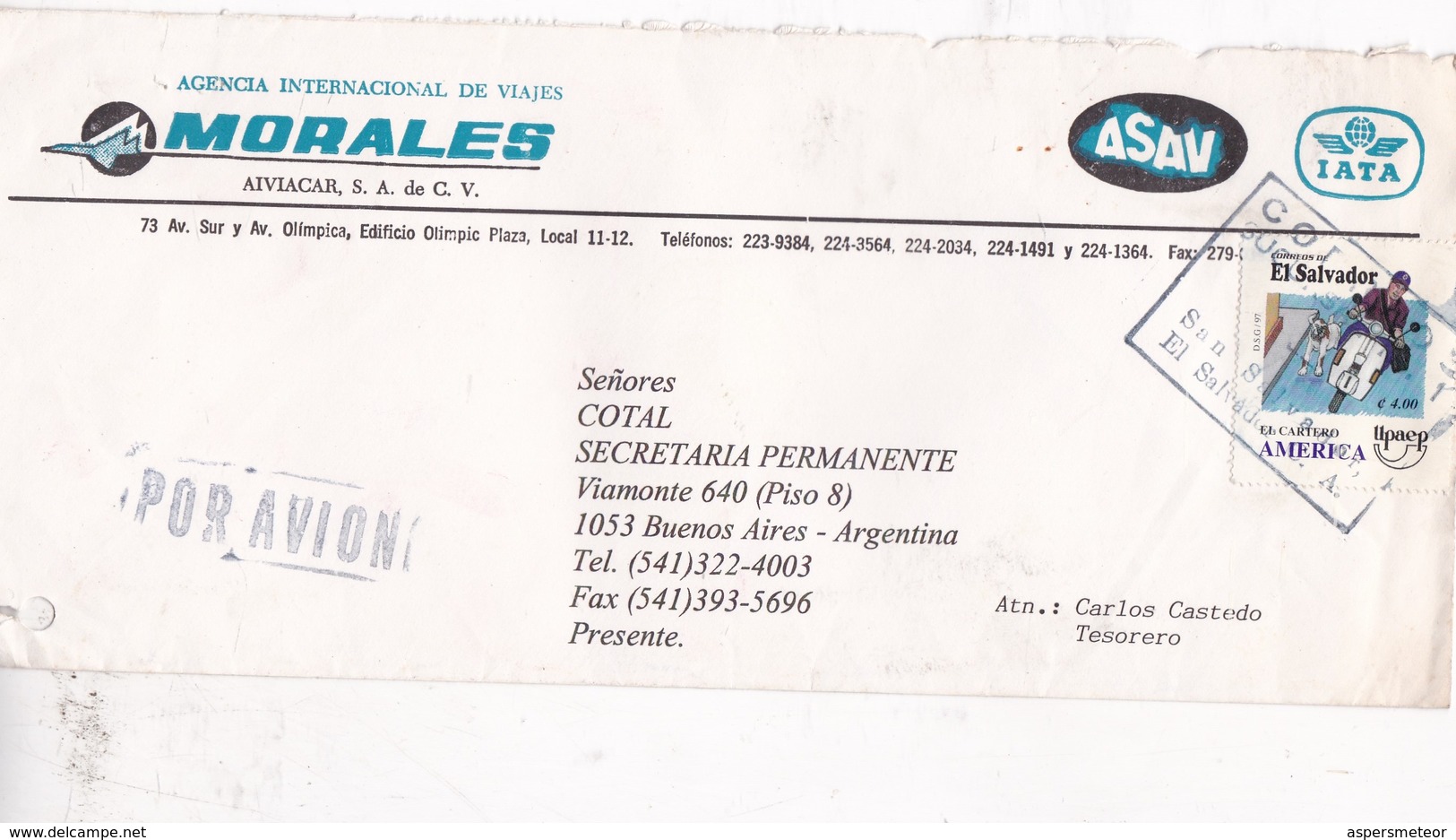 AGENCIA VIAJES MORALES. SOBRE ENVELOPE  VIA AVION CIRCULEE. CIRCA 1990. EL SALVADOR - BLEUP - Sonstige & Ohne Zuordnung