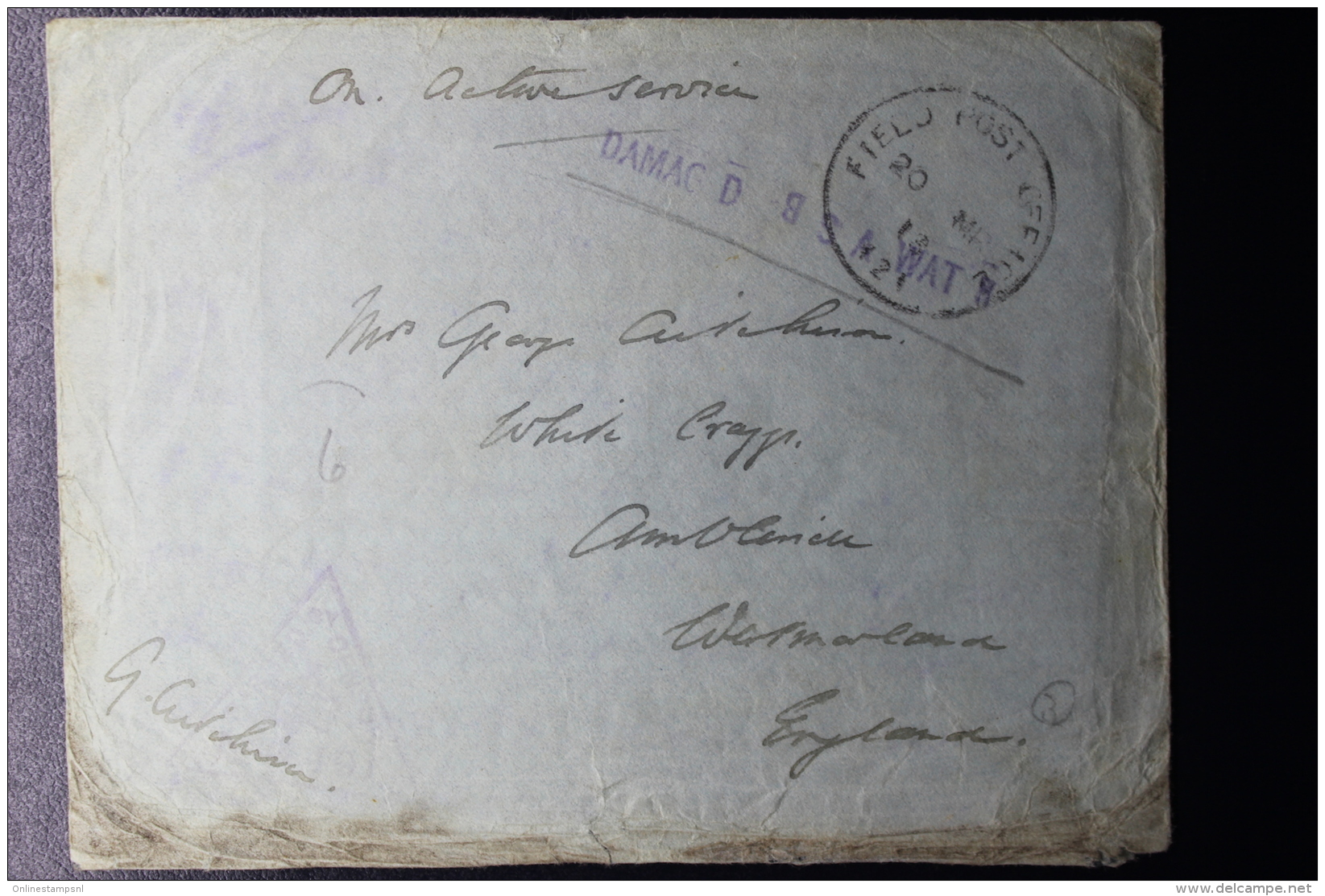 Palestine: 1918 Campaign El Qubeibe Against Ottoman Rule,  UK Fieldpost APO H 21 Hand Cancel Damaged By Water  RRR - Palestine