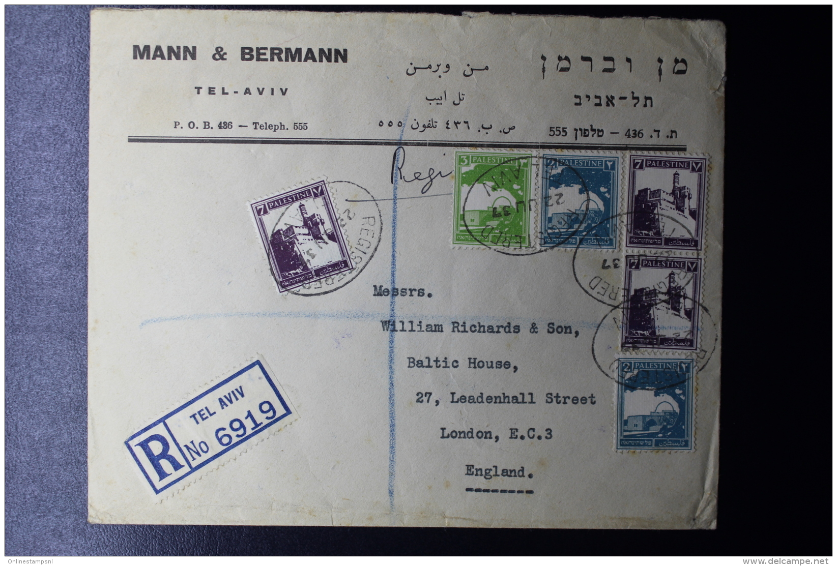 Palestine: 1937 Registered Commercial Cover Tel Aviv -&gt; London 3 Color Franking - Palestina