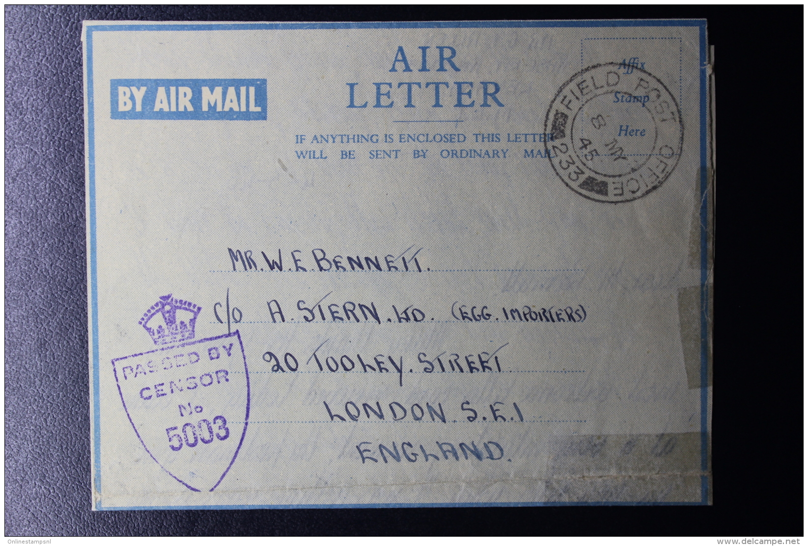 Palestine: 1945 Air Letter Jerusalem, 1st Infantry Division  Field Post Office , P/Mk No 233 - Palestina