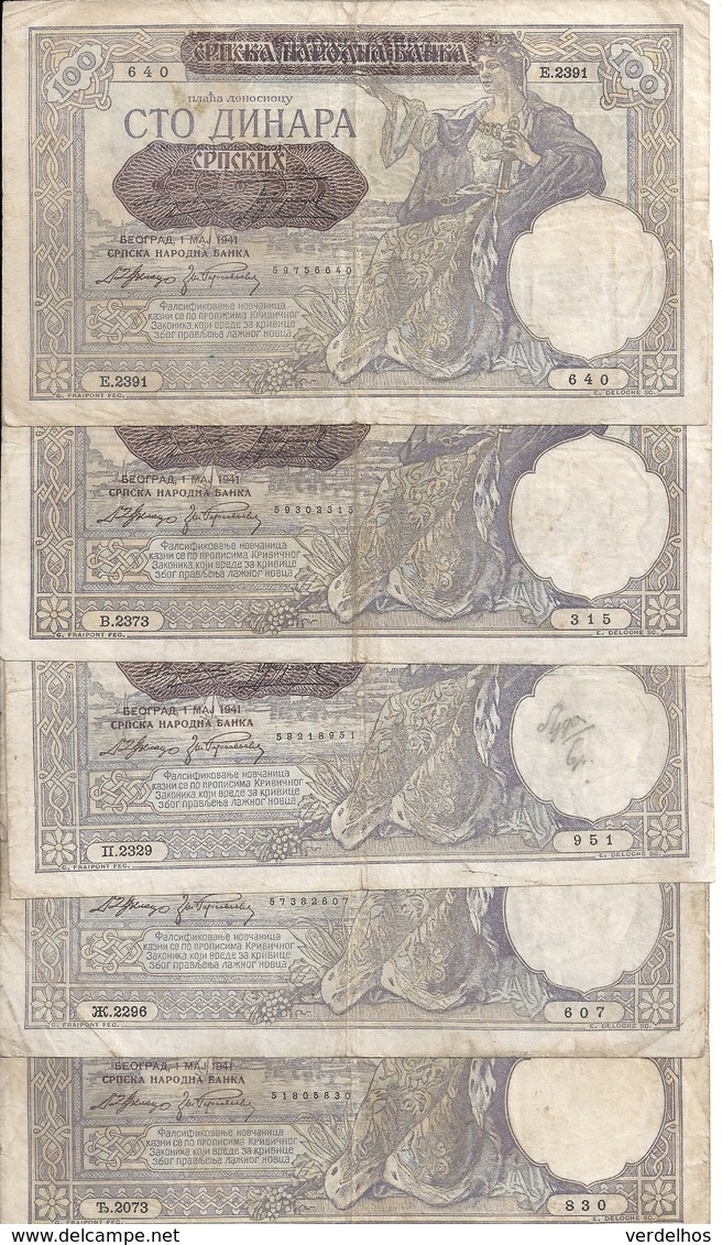 SERBIE 100 DINARA 1941 VF P 23 ( 5 Billets ) - Serbie