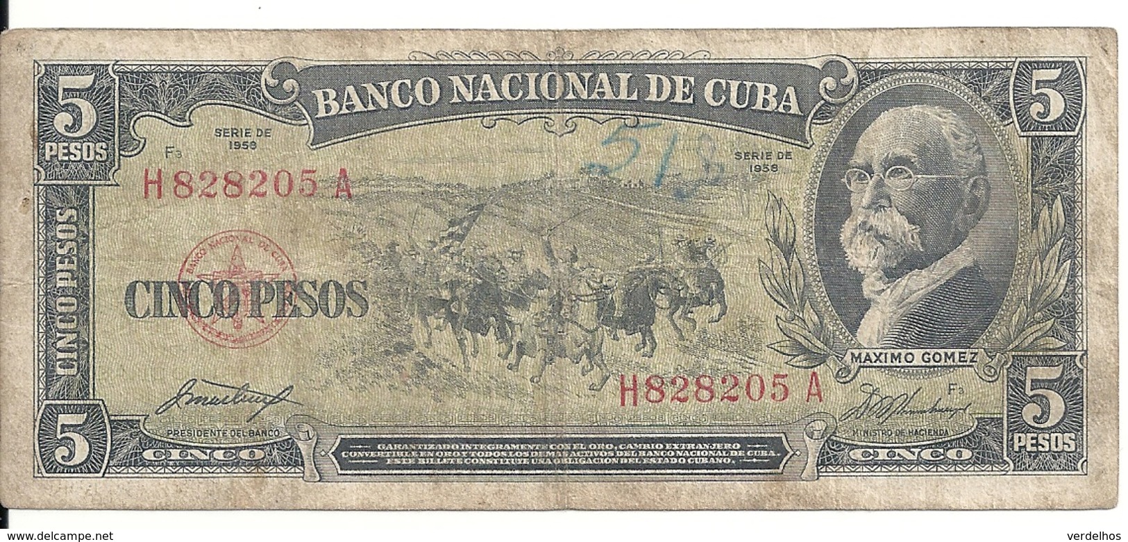 CUBA 5 PESOS 1958 VG+ P 91 A - Cuba