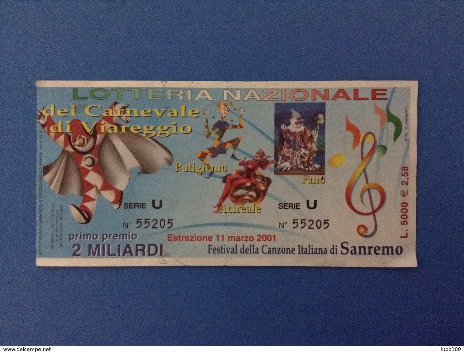 2001 BIGLIETTO LOTTERIA NAZIONALE CARNEVALE VIAREGGIO PUTIGNANO ACIREALE FANO - Loterijbiljetten