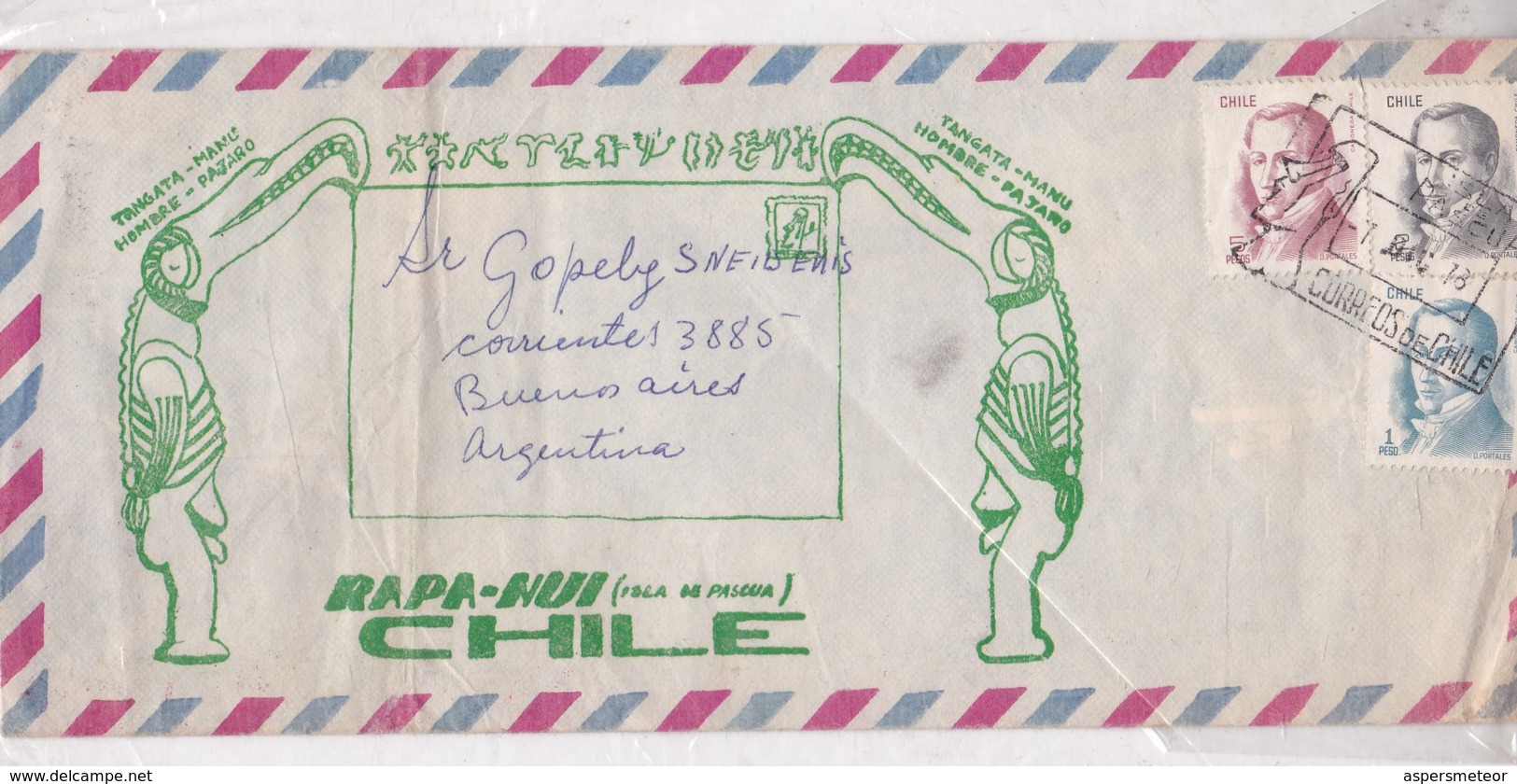 RAPA NUI ISLA DE PASCUA. AIRMAIL ENVELOPE CIRCULEE CHILE TO ARGENTINE CIRCA 1978- BLEUP - Chili