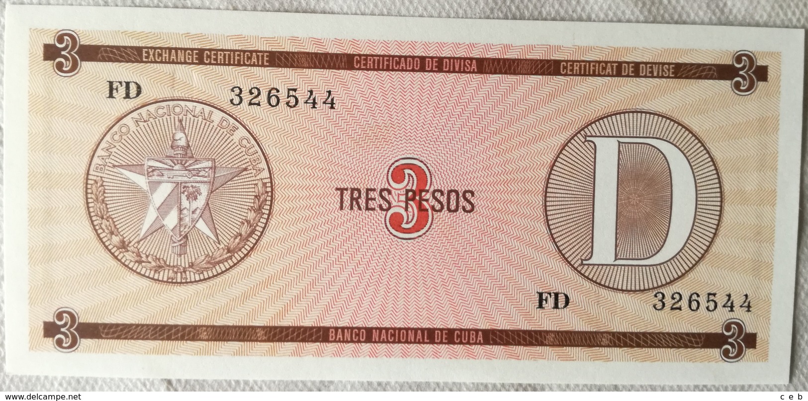 Billete Cuba. 3 Pesos. Serie D. 1985. Certificado De Divisa. Banco Nacional De Cuba. Sin Circular - Cuba