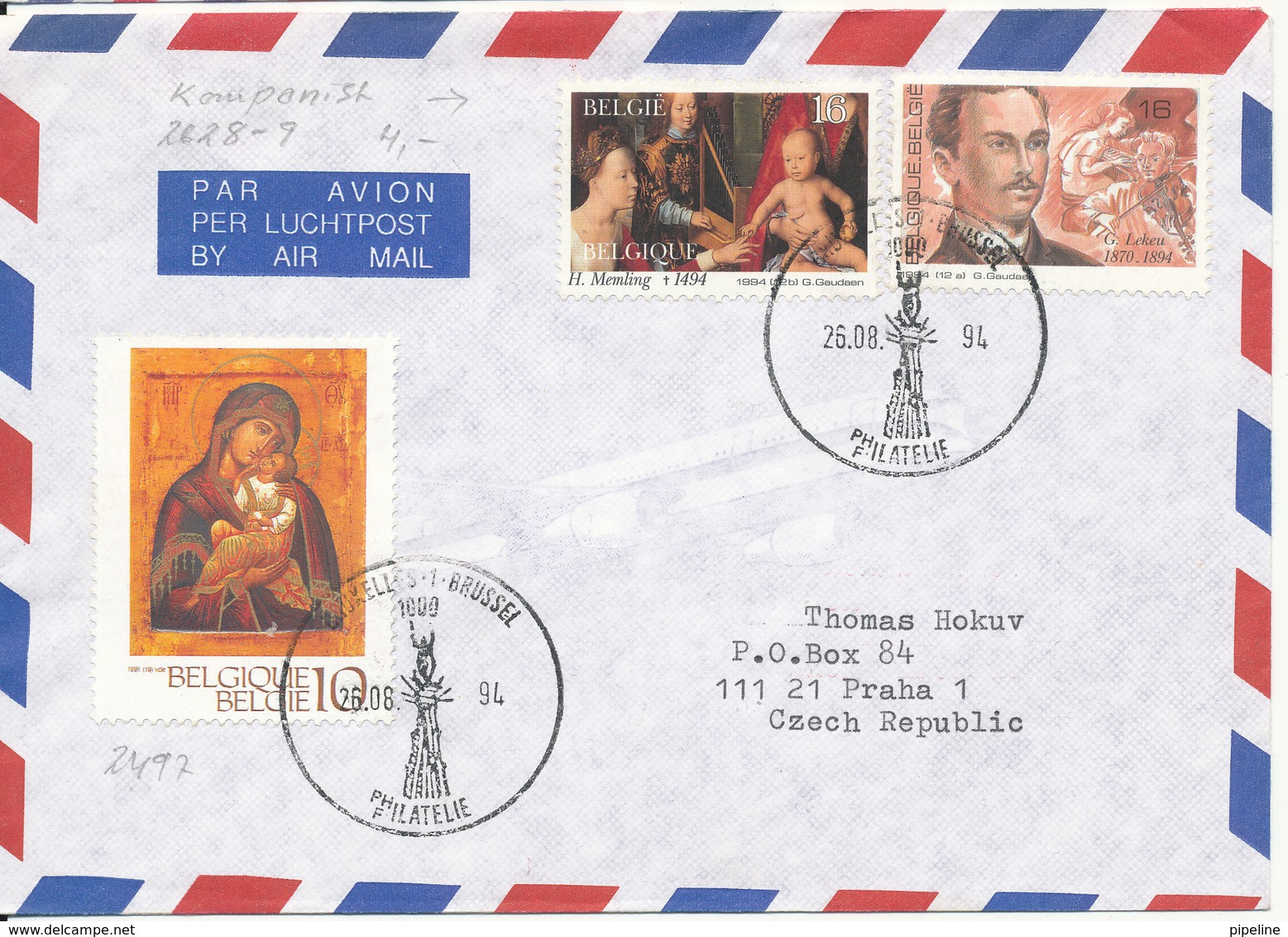 Belgium Air Mail Cover Sent To Czech. Republic Brüssel 26-8-1994 Topic Stamps - Cartas & Documentos