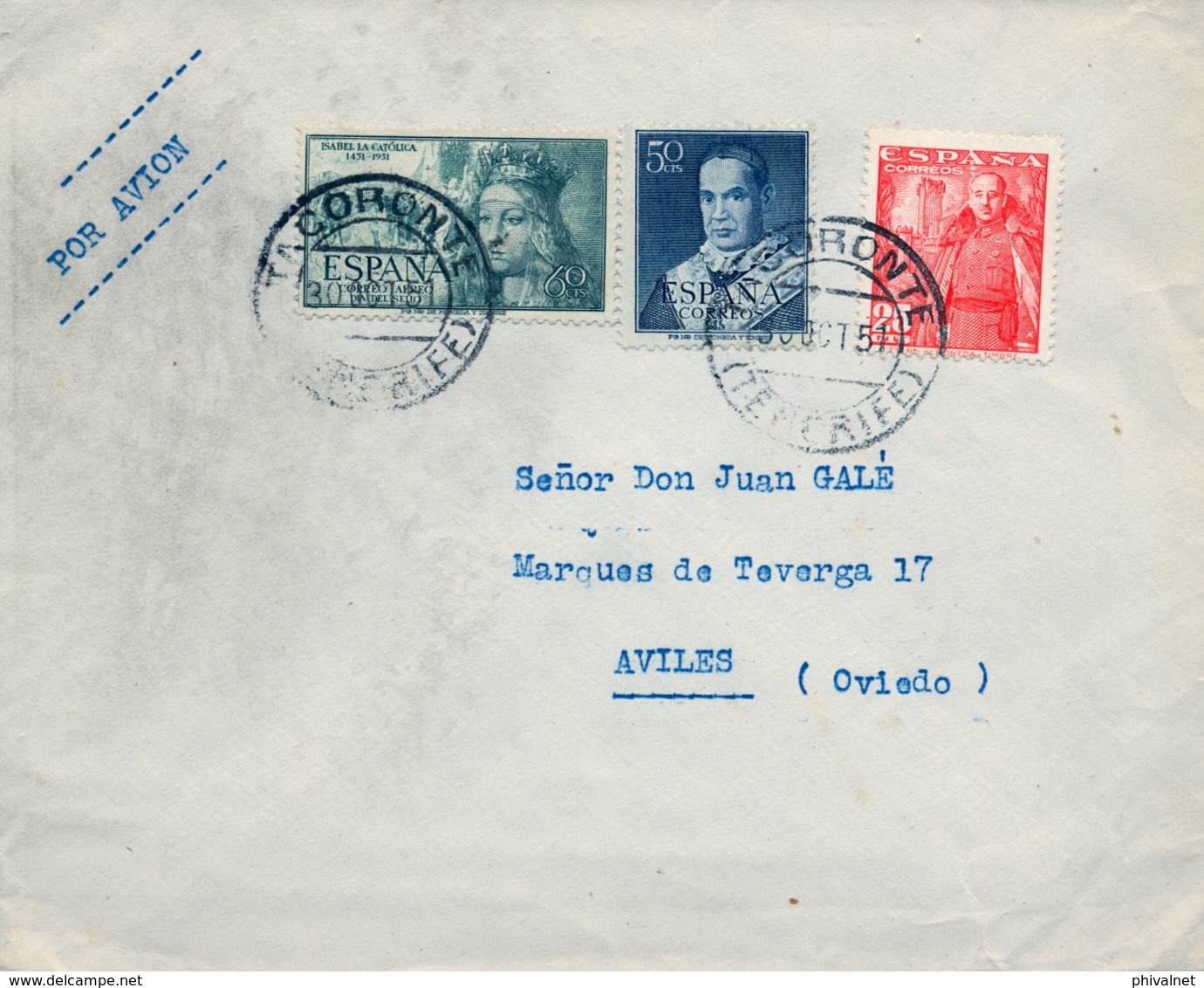 1951 , CANARIAS , SOBRE CIRCULADO , CORREO AÉREO , TACORONTE ( TENERIFE ) - AVILÉS , ED. 1024 , 1097 , 1102 - Storia Postale