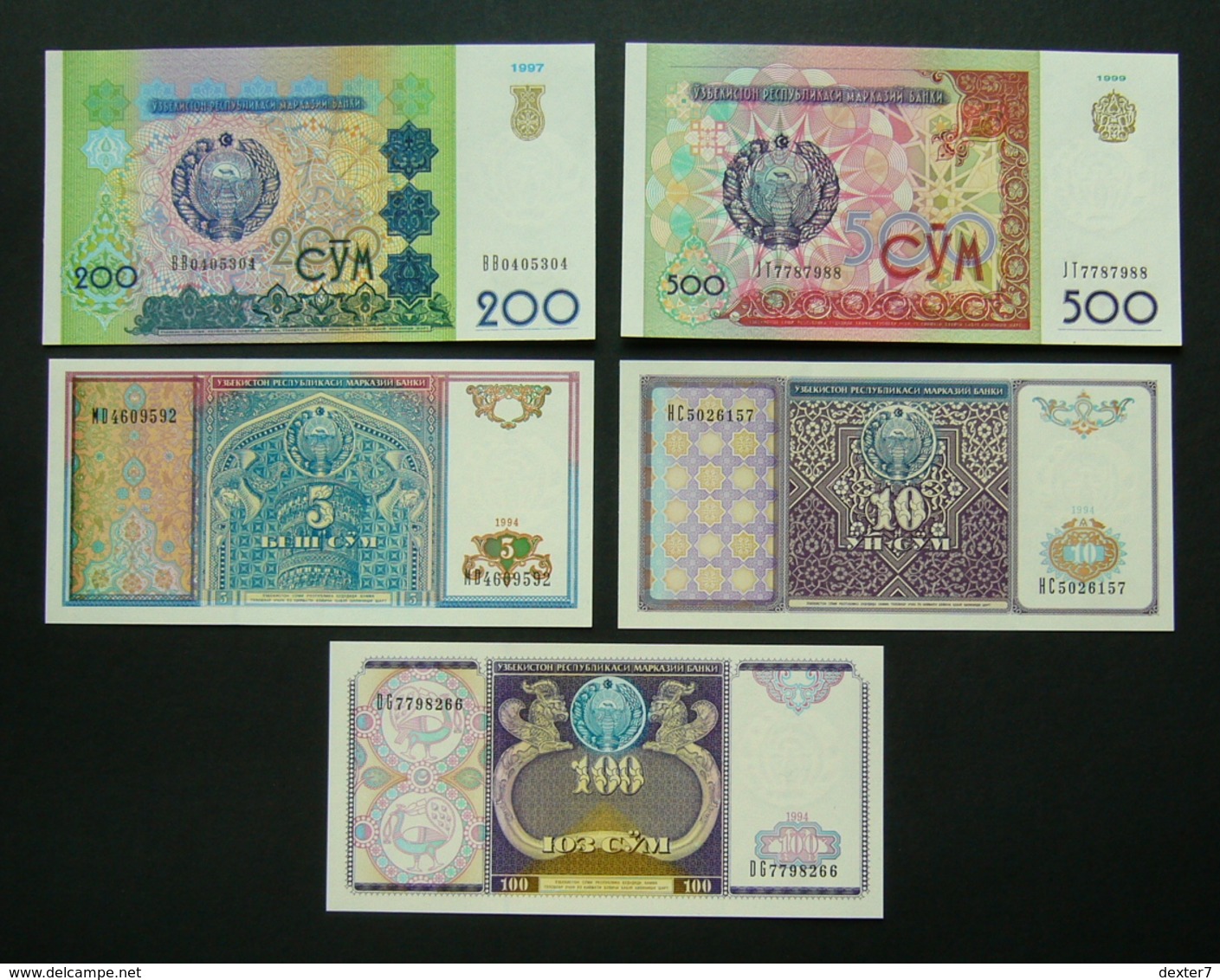 Uzbekistan 5, 10, 100, 200 E 500 Sum 1994 1997 1999 UNC FdS 5x Pcs Set - Uzbekistan