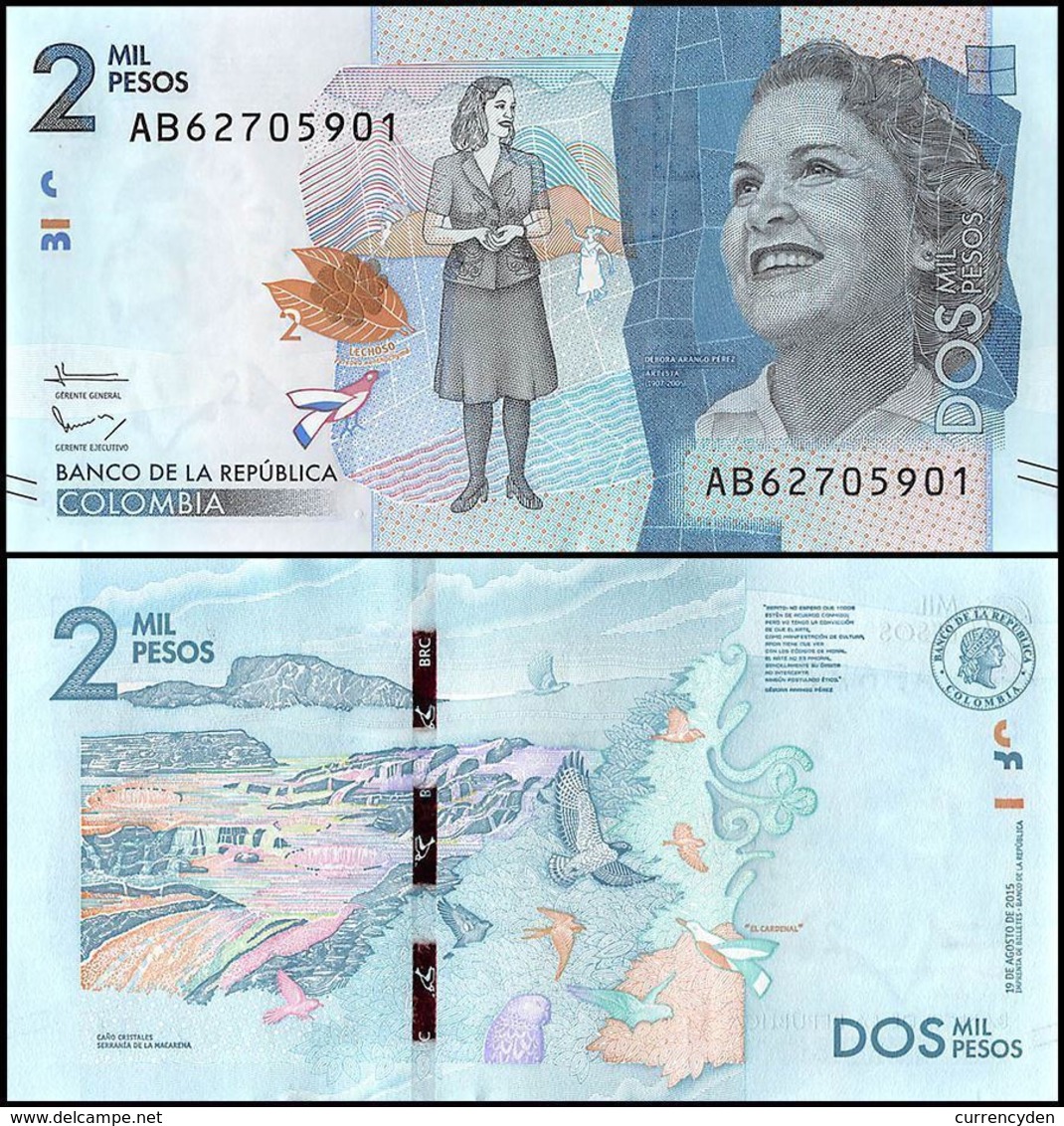 Colombia P458, 2000 Peso, Artist Débora Pérez / Caño Cristales River, Bird 2015 - Colombia