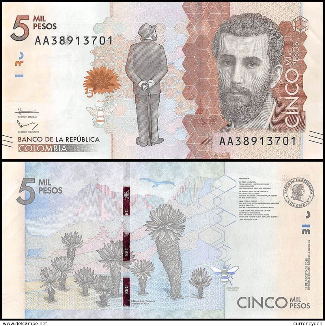 Colombia P459, 5000 Peso, Poet José Silva, Puma Plant / Silva Poem, Bumblebee - Colombie