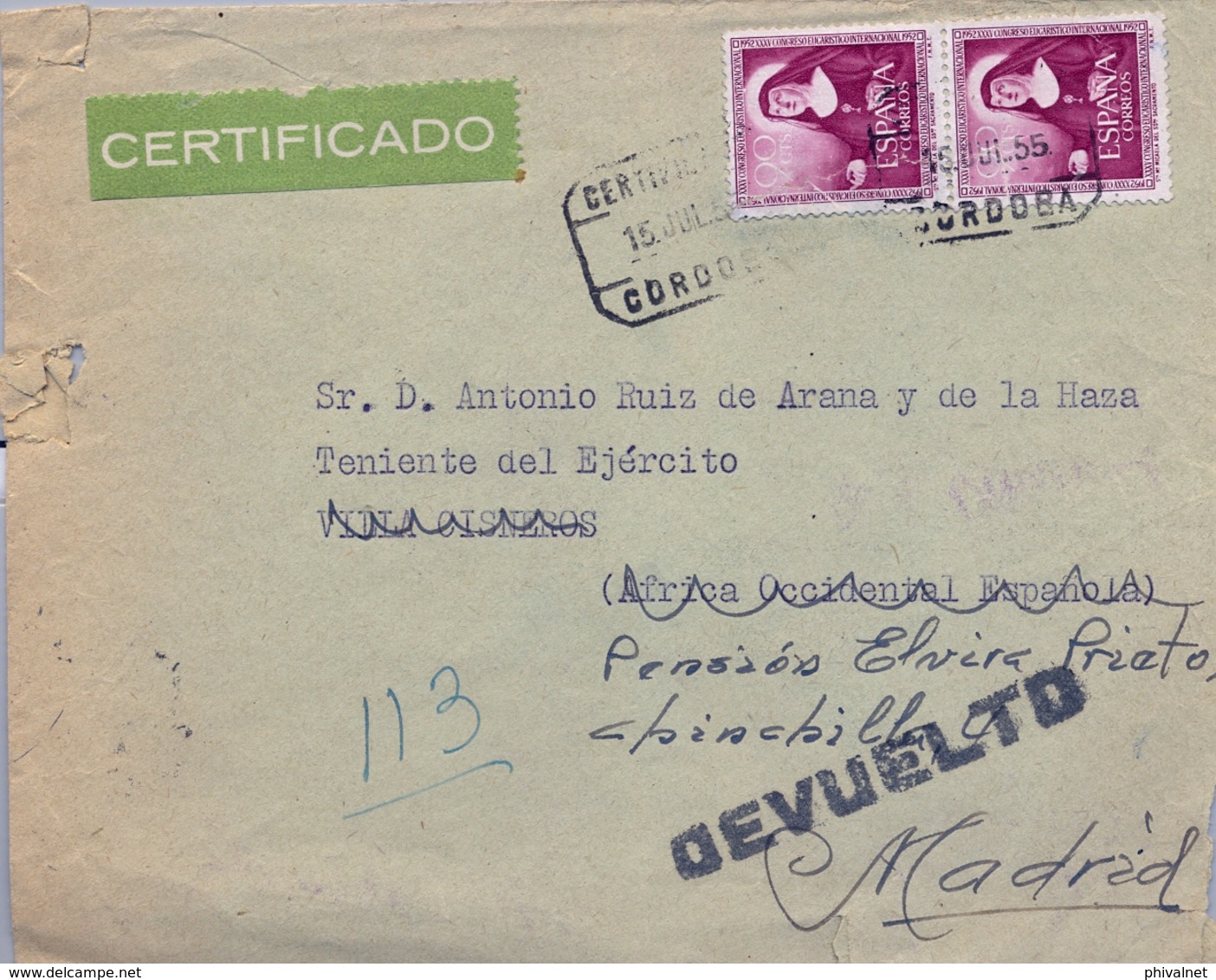 1955 , CÓRDOBA , CERTIFICADO A VILLA CISNEROS , REDIRIGIDO , DEVUELTO , DIVERSAS MARCAS AL DORSO - Covers & Documents