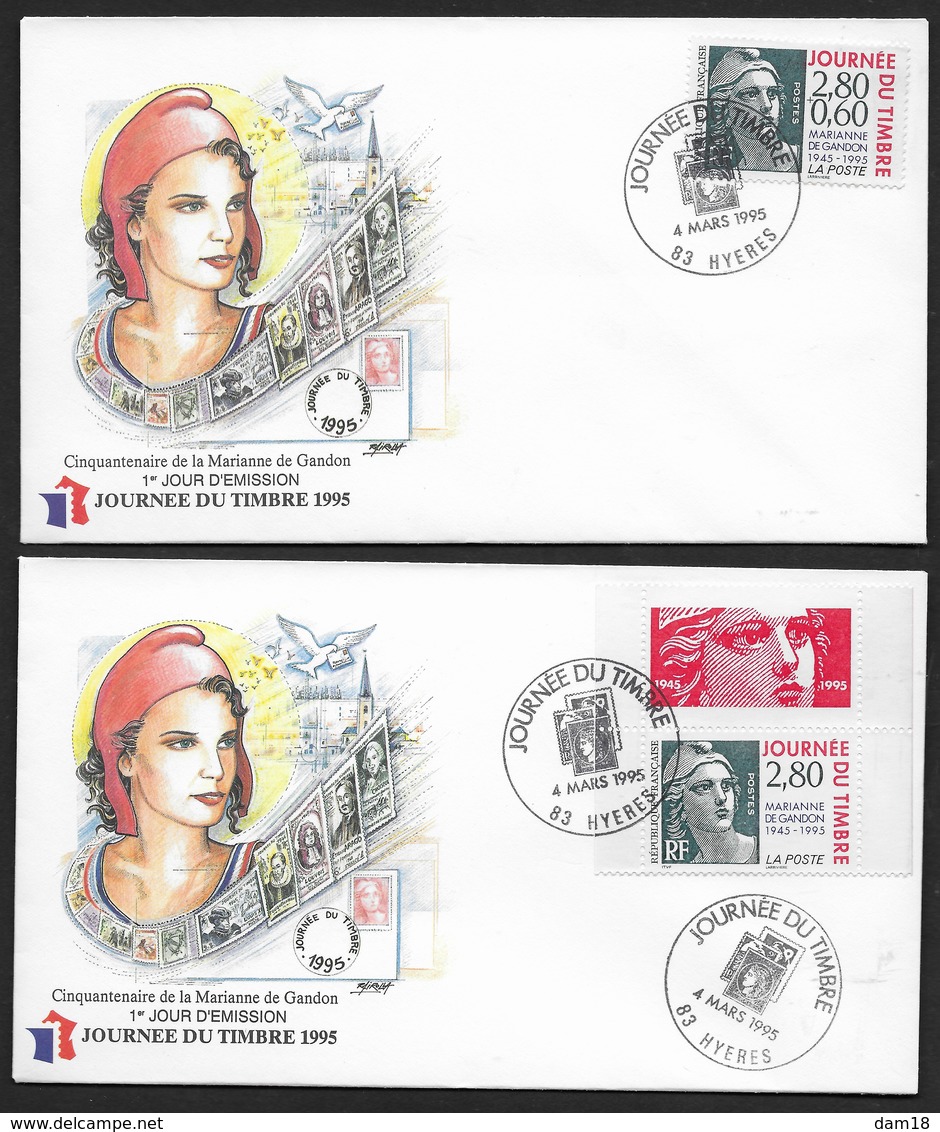 FRANCE 1995 2 FDC N° 2933 Et 2934 JOURNEE DU TIMBRE CàD Illustré De HYERES (83) MARIANNE GANDON - 1990-1999