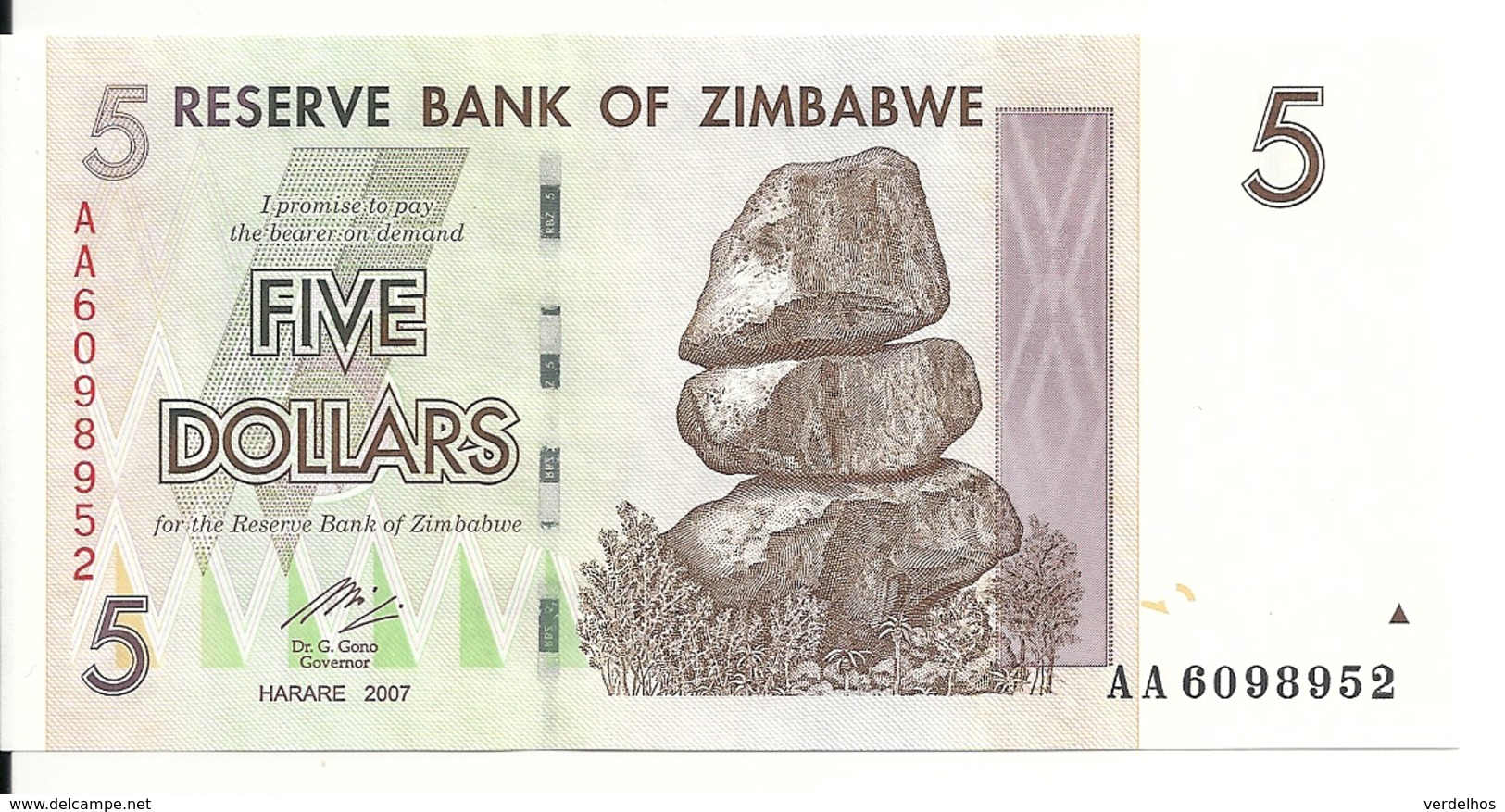 ZIMBABWE 5 DOLLARS 2007 UNC P 66 - Simbabwe