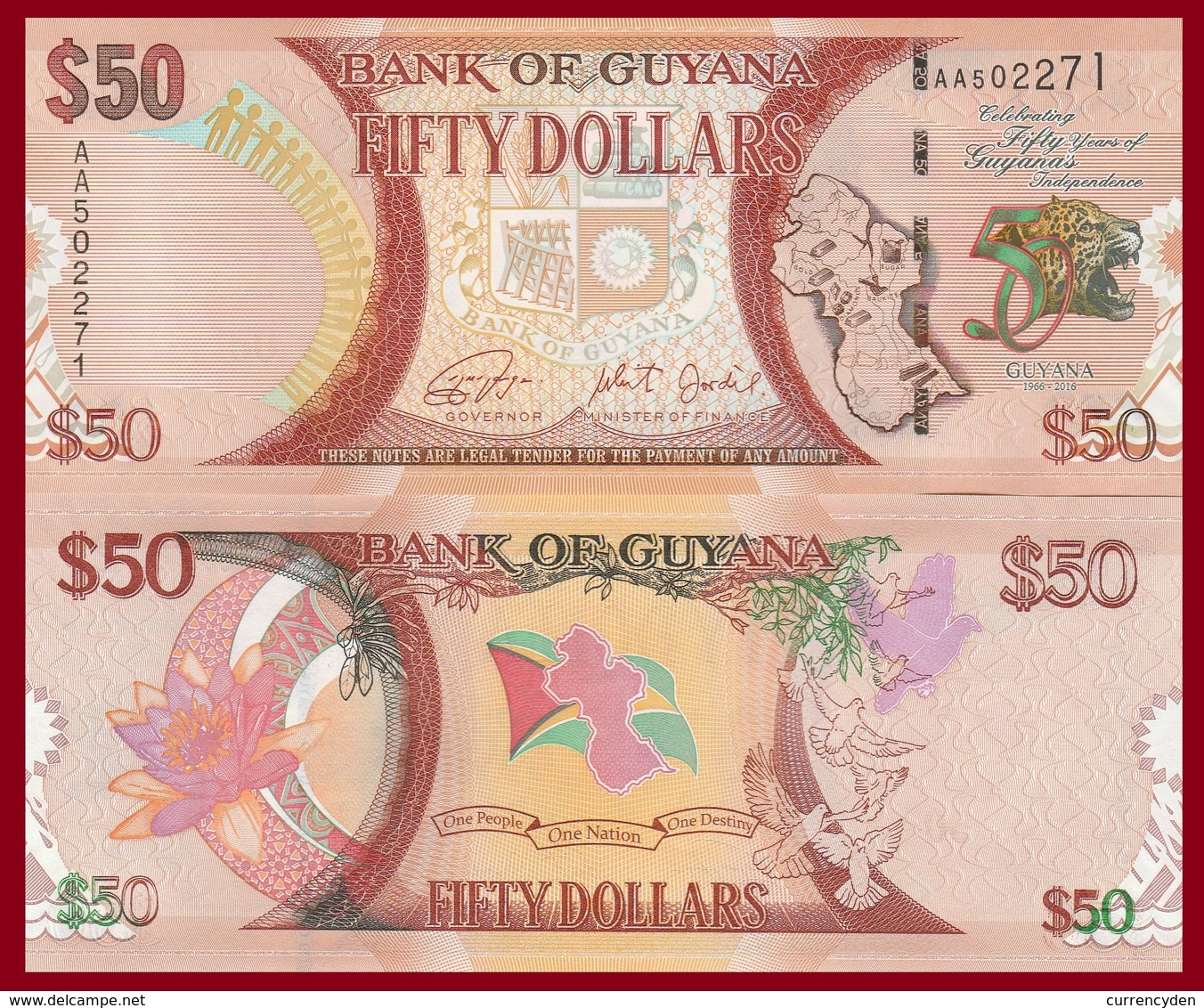 Guyana P41, $50, Map, Leopard / Water Lily, Doves UNC See UV & WM 2016 - Guyana