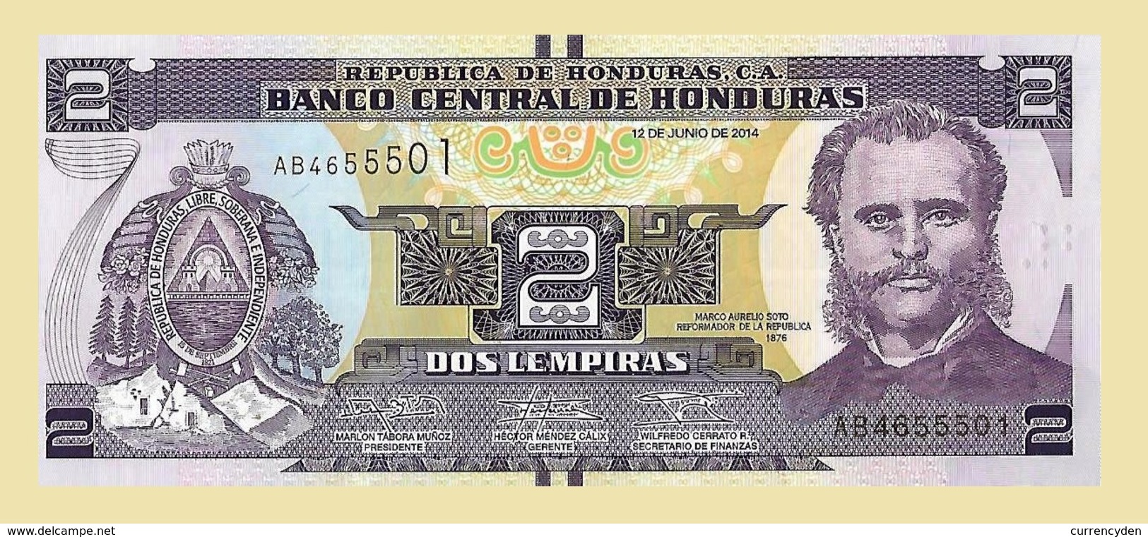 Honduras P97, 2 Lempira, Soto / Tigre Island, Port 2014, Braille For Blind UNC - Honduras