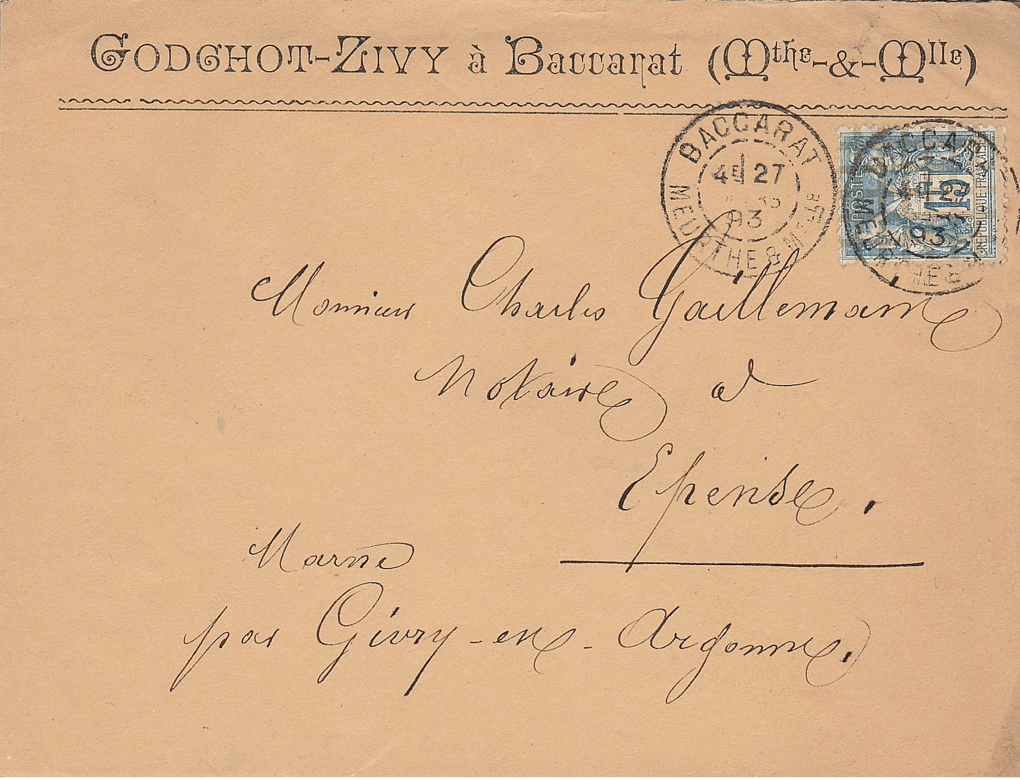 LAC 1893 - Entête GODGHOT-ZIVY à Baccarat (Meurthe Et Moselle) Timbre Type Sage Et Timbre Quittance Sur Lettre - 1877-1920: Période Semi Moderne