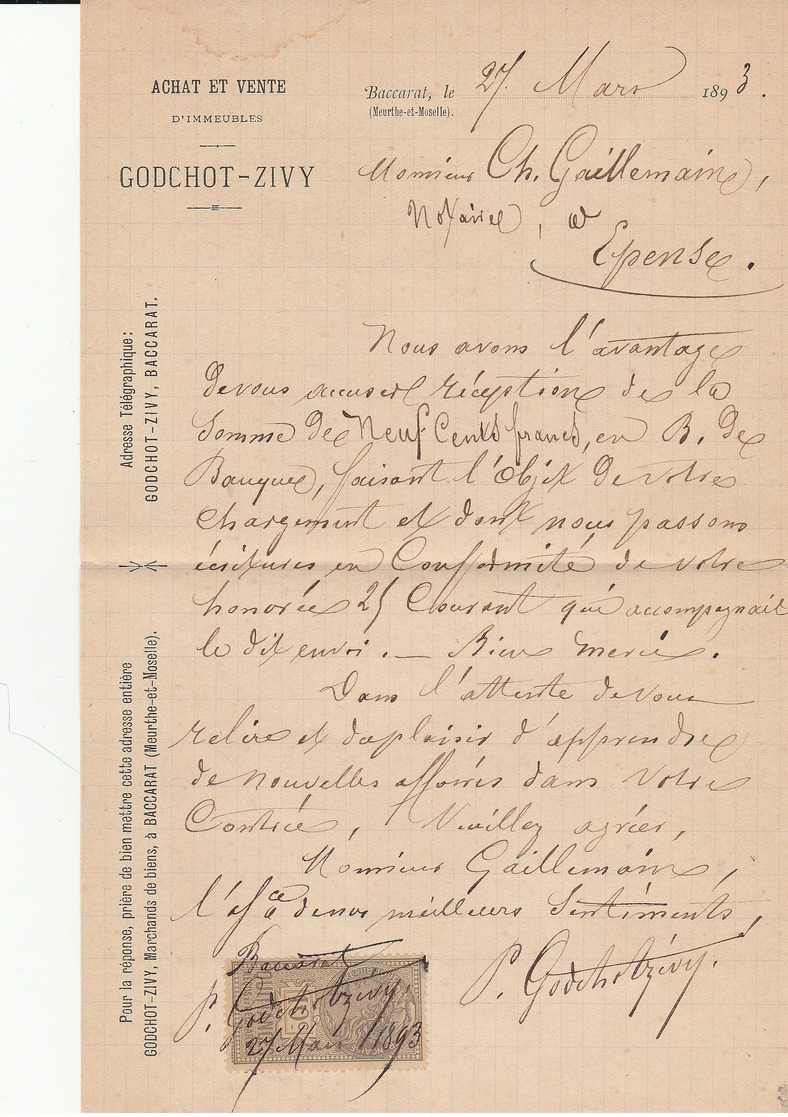 LAC 1893 - Entête GODGHOT-ZIVY à Baccarat (Meurthe Et Moselle) Timbre Type Sage Et Timbre Quittance Sur Lettre - 1877-1920: Période Semi Moderne