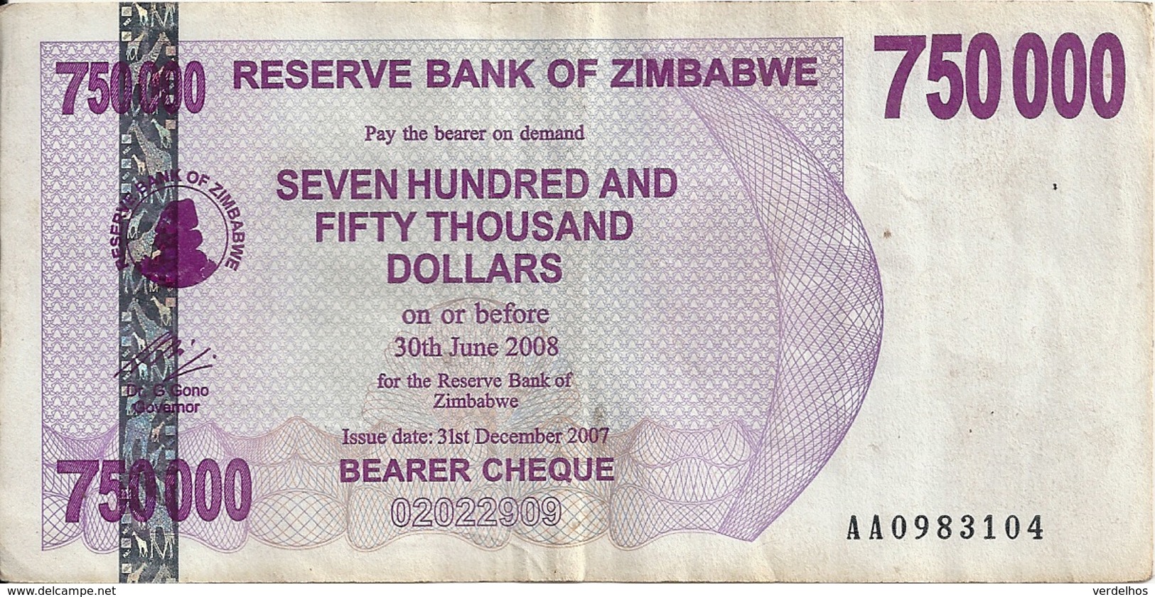 ZIMBABWE 750000 DOLLARS 2007 VF P 52 - Zimbabwe