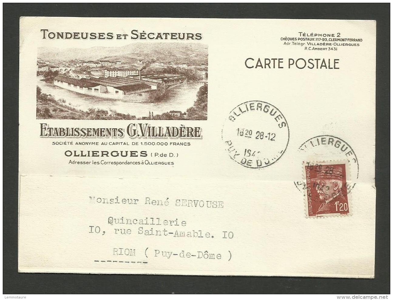 Carte Commerciale Illustrée " Tondeuses &amp; Sécateurs G. VILLADERE" à OLLIERGUES - PUY DE DOME /  Petain 1942 - 1921-1960: Période Moderne