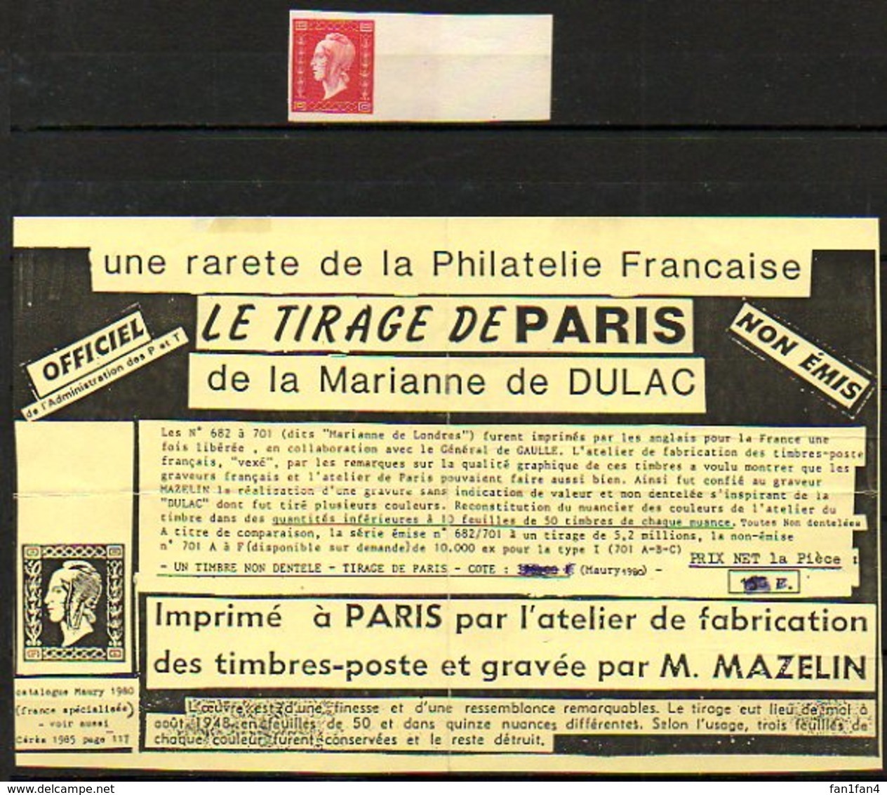 FRANCE - 1948 - LE TIRAGE DE PARIS DE LA MARIANNE DE DULAC - Briefmarkenmessen