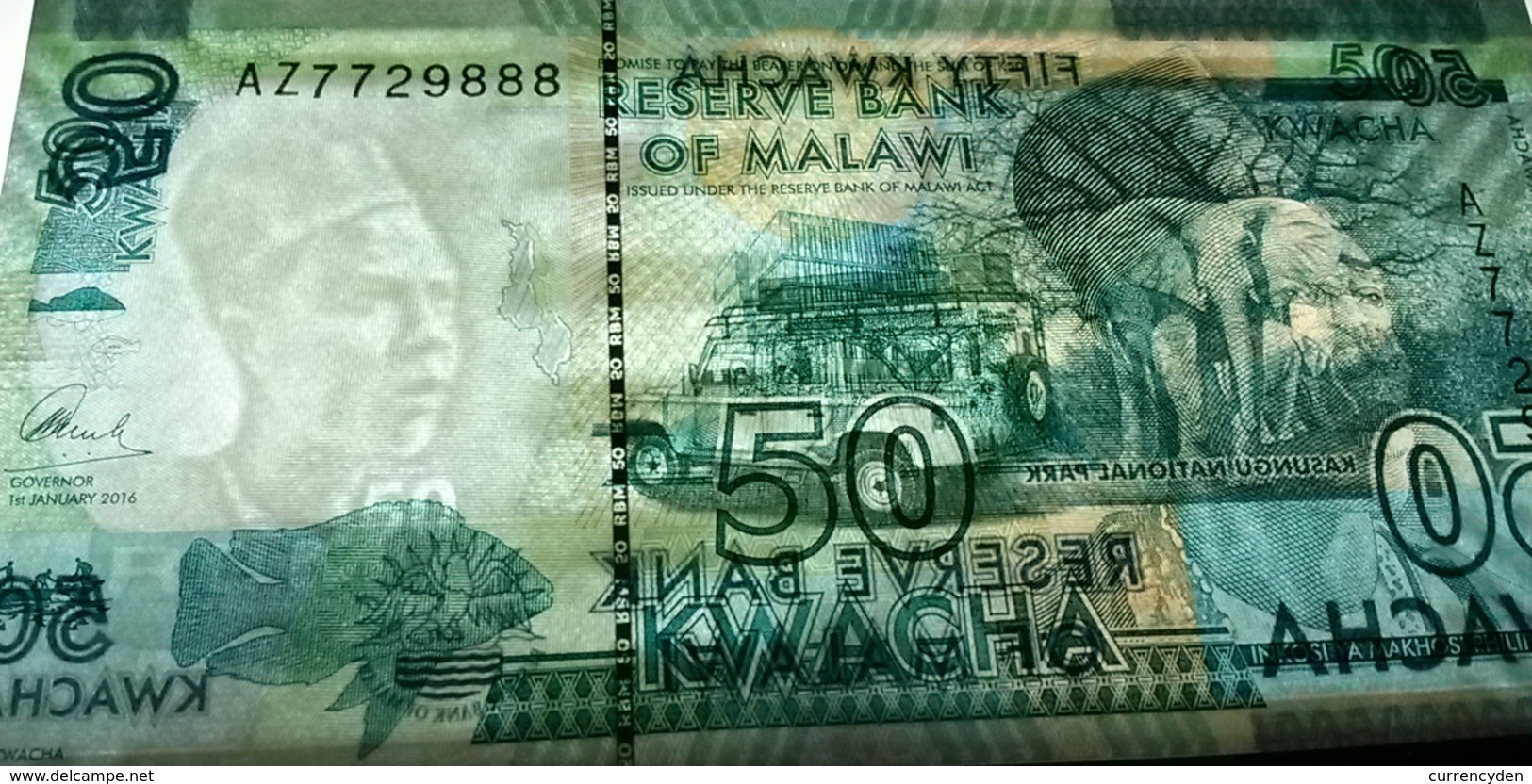 Malawi P64, 50 Kwacha, 2016, Elephant, Safari Jeep UV & Watermark Images UNC - Malawi