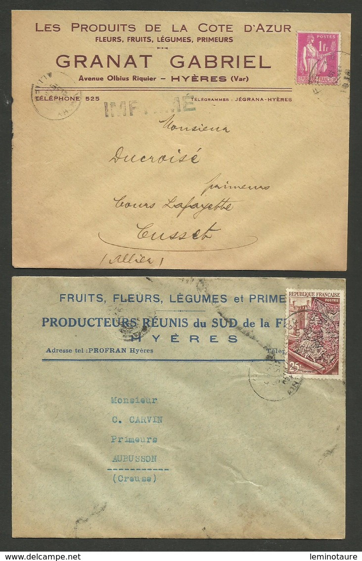 Dpt. VAR - HYERES / Lot 2 Enveloppes Commerciales " Fleurs - Fruits - Légumes - Primeurs " - 1921-1960: Periodo Moderno