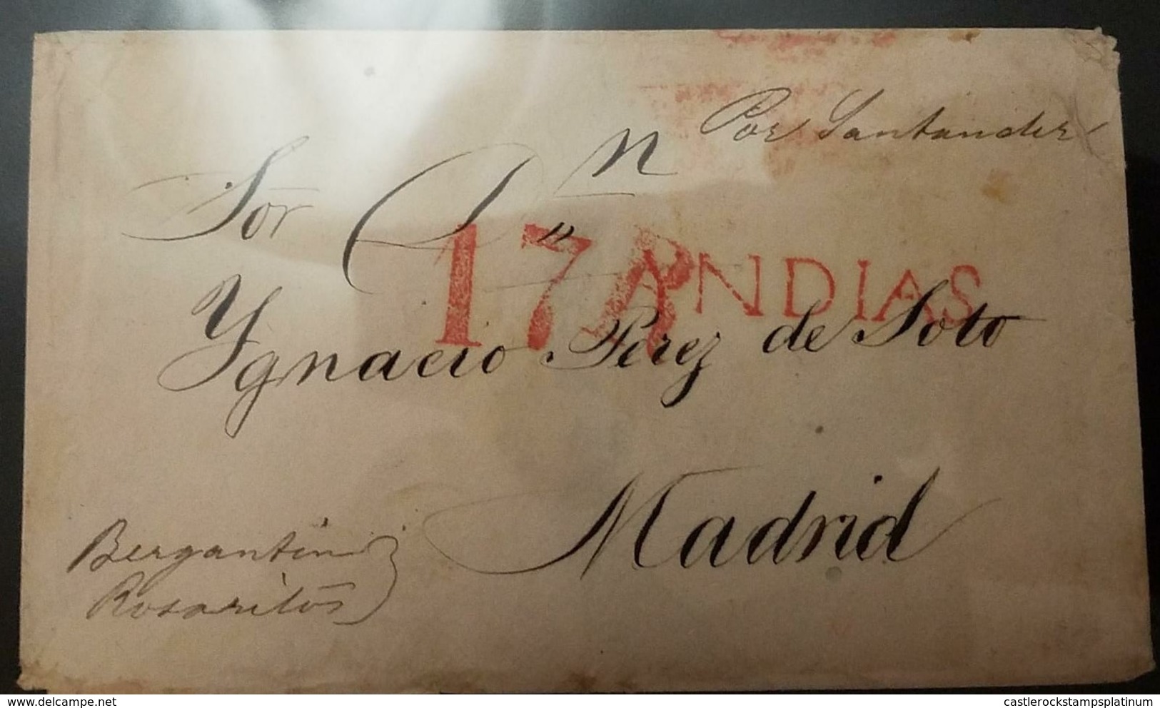O) 1843 APROX. CUBA-CARIBBEAN - SPANISH ANTILLES, BRAND  RED OF 17 REALES - INDIAS, NICE COVER PREPHILATELY XF TO MADRID - Préphilatélie