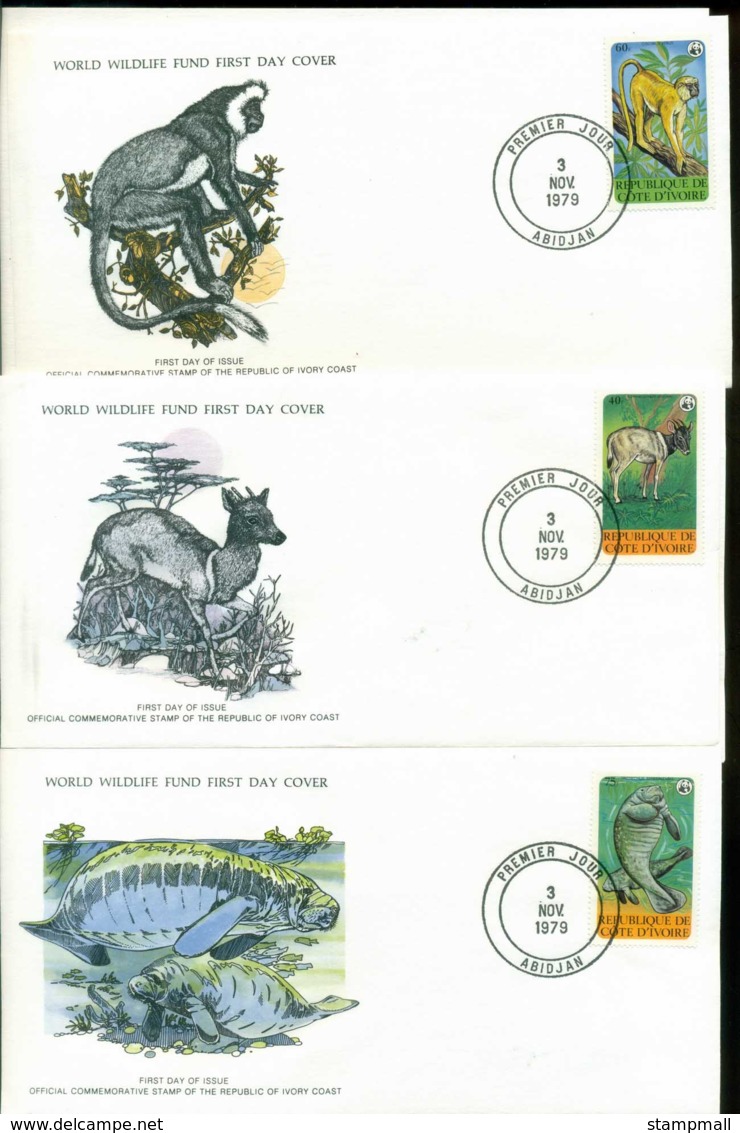 Ivory Coast 1979 WWF,Monkey, Duiker, Manatee ,Franlkin Mint (with Inserts) 3xFDC Lot79626 - Ivory Coast (1960-...)