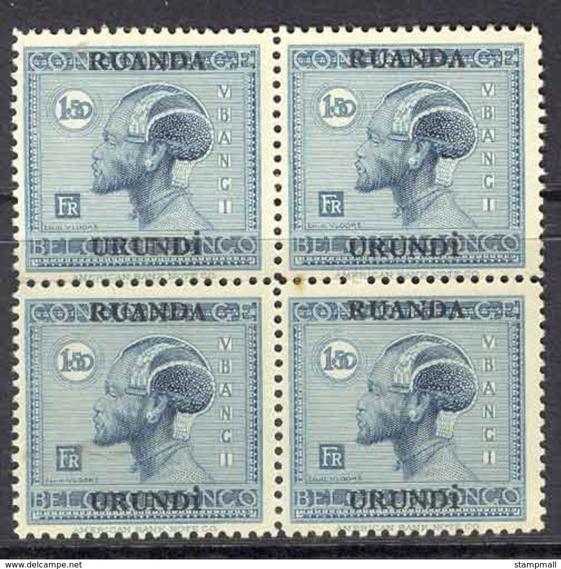 Ruanda-Urundi 1927 1fr50c Ubangi Man Block 4 MUH Lot7317 - Other & Unclassified