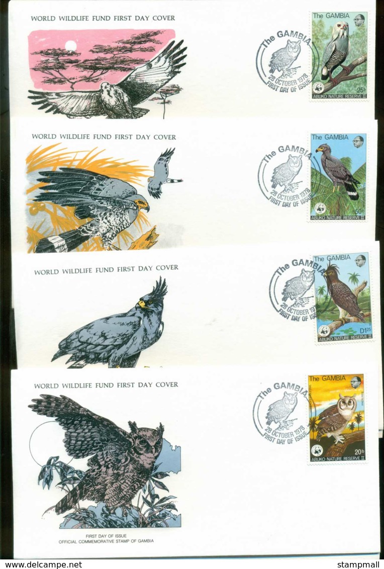Gambia 1978 WWF,Hawk, Buzzard, Eagle, Owl ,Franlkin Mint (with Inserts) 4xFDC Lot79621 - Gambia (1965-...)