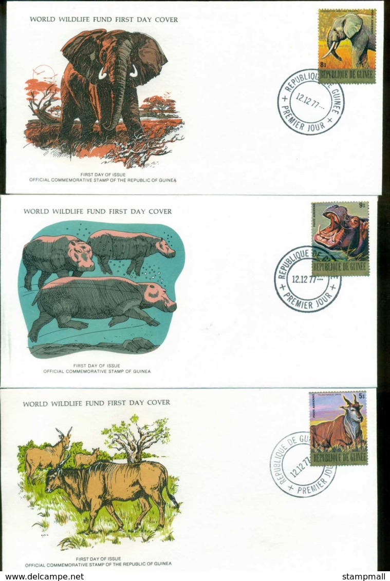 Guinee 1977 WWF,Elephant, Hippo, Eland,Franlkin Mint (with Inserts) 3xFDC Lot79614 - Guinea (1958-...)