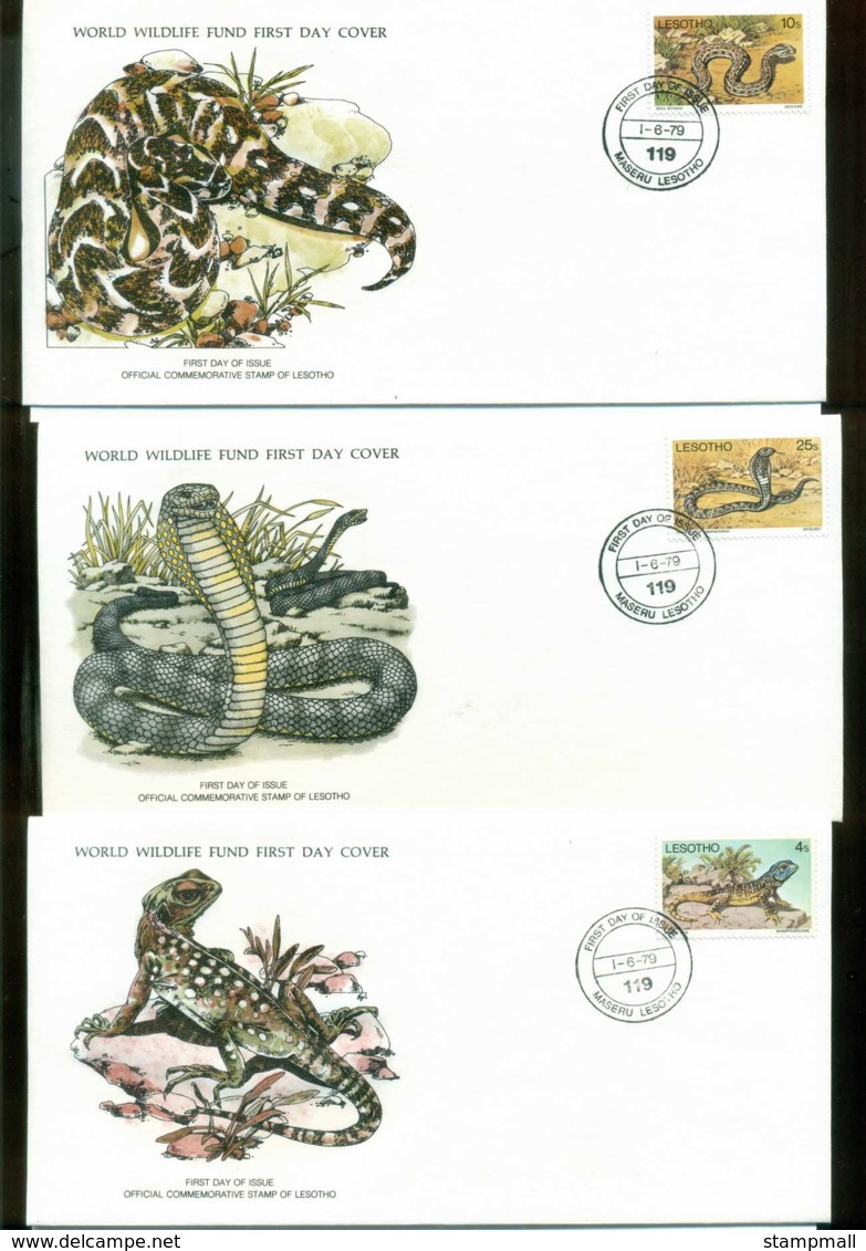 Lesotho 1979 WWF,Reptiles, Adder, RinghalsLizard, Franlkin Mint (with Inserts) 3xFDC Lot79635 - Lesotho (1966-...)