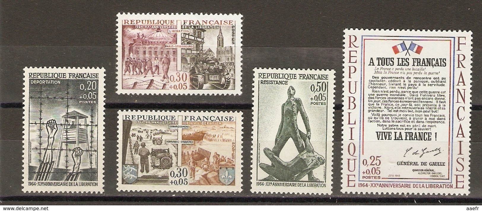 France 1964 - Anniversaire De La Libération - Série Complète MNH - 1407/11 - Résistance - Déportation - Débarquement - Neufs