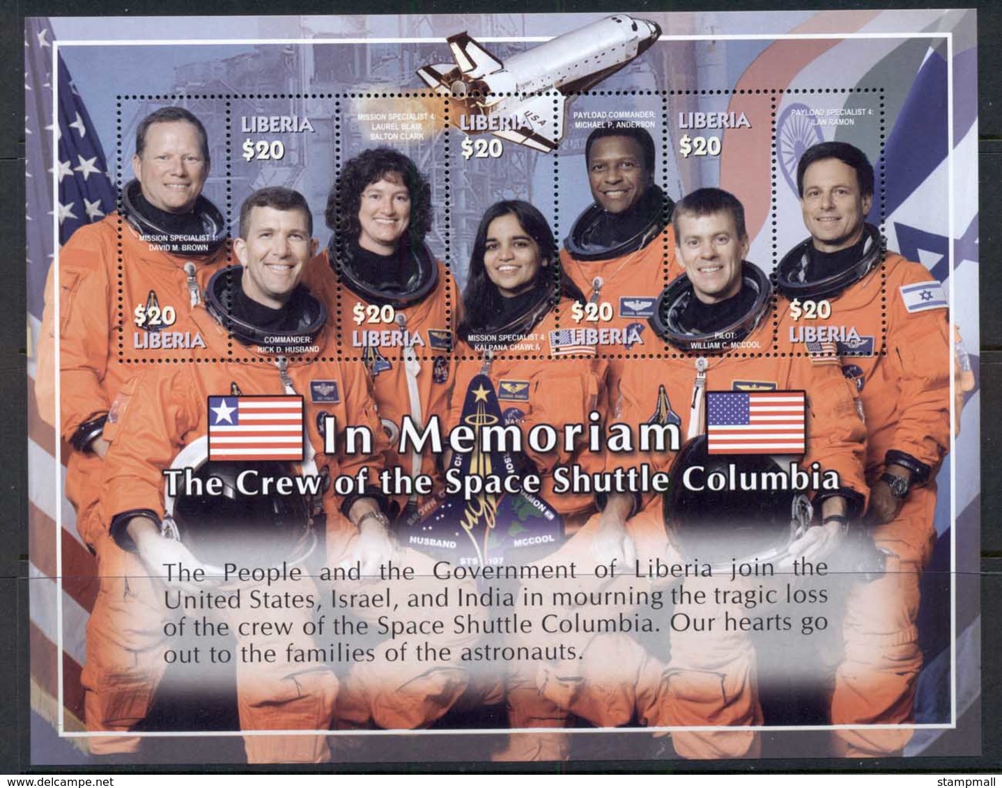 Liberia 2003 Space Shuttle Columbia Crew, In Memoriam MS MUH - Liberia