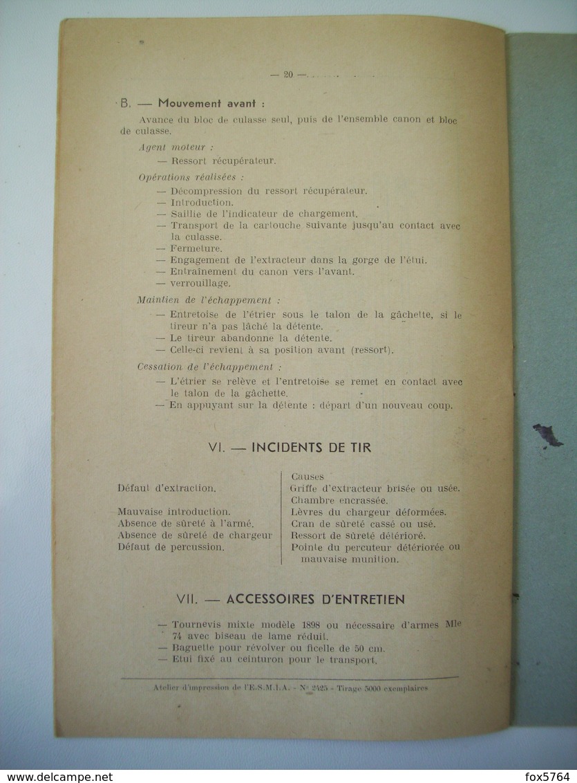 INDOCHINE / GUIDE TECHNIQUE PISTOLET / PA MODELE 1935 A / SAINT-CYR ESM-IA / ORIGINAL 1959 - Armes Neutralisées