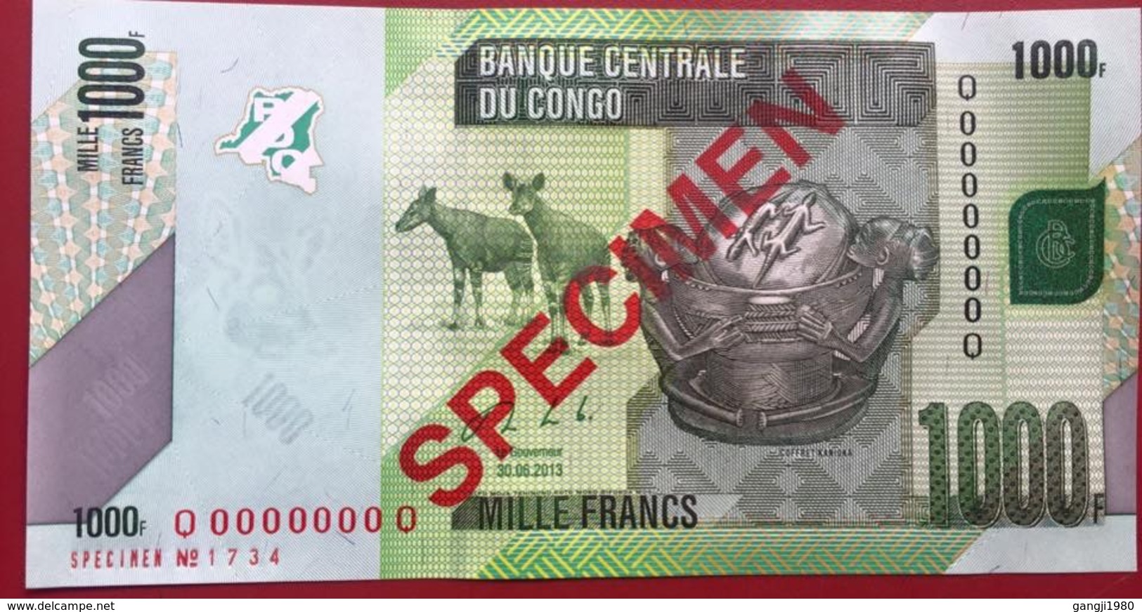 CONGO 1000 FRANK SPECIMEN UNC CONDITION BANKNOTE BIRD . - Democratic Republic Of The Congo & Zaire