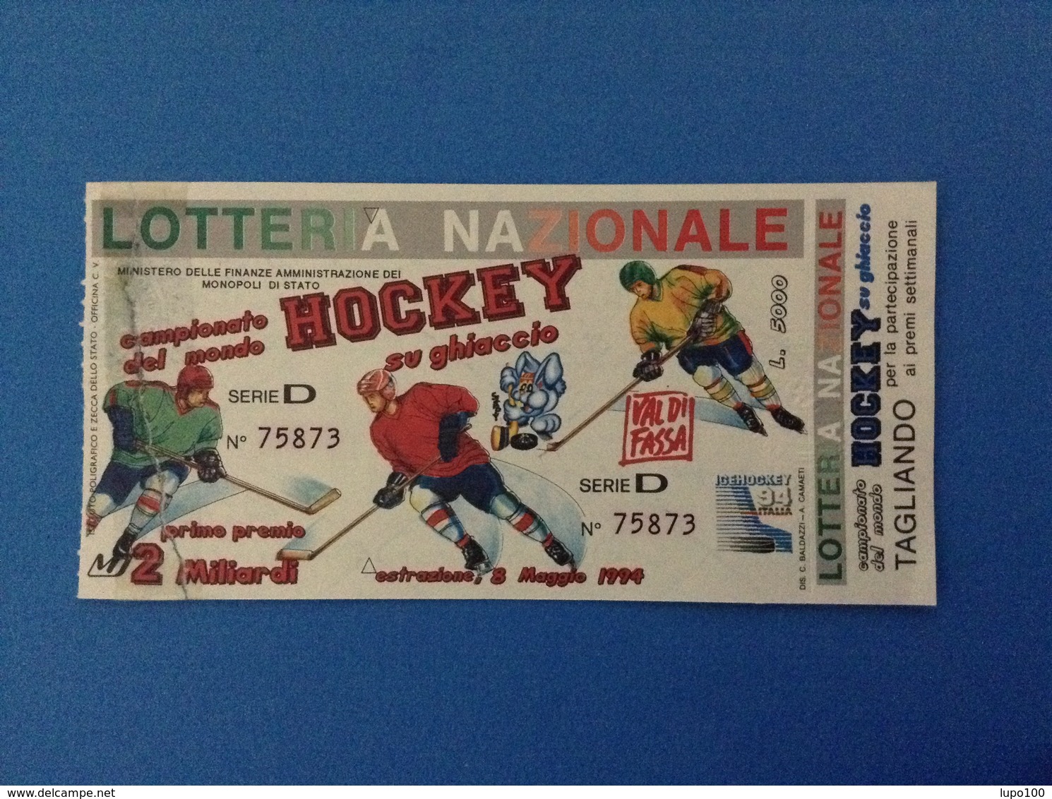 1994 BIGLIETTO LOTTERIA NAZIONALE CAMPIONATO DEL MONDO HOCKEY SU GHIACCIO - Loterijbiljetten