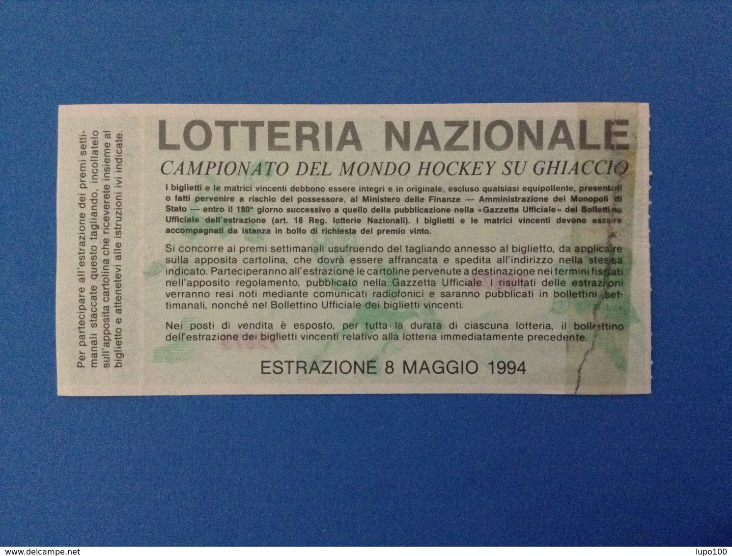 1994 BIGLIETTO LOTTERIA NAZIONALE CAMPIONATO DEL MONDO HOCKEY SU GHIACCIO - Loterijbiljetten