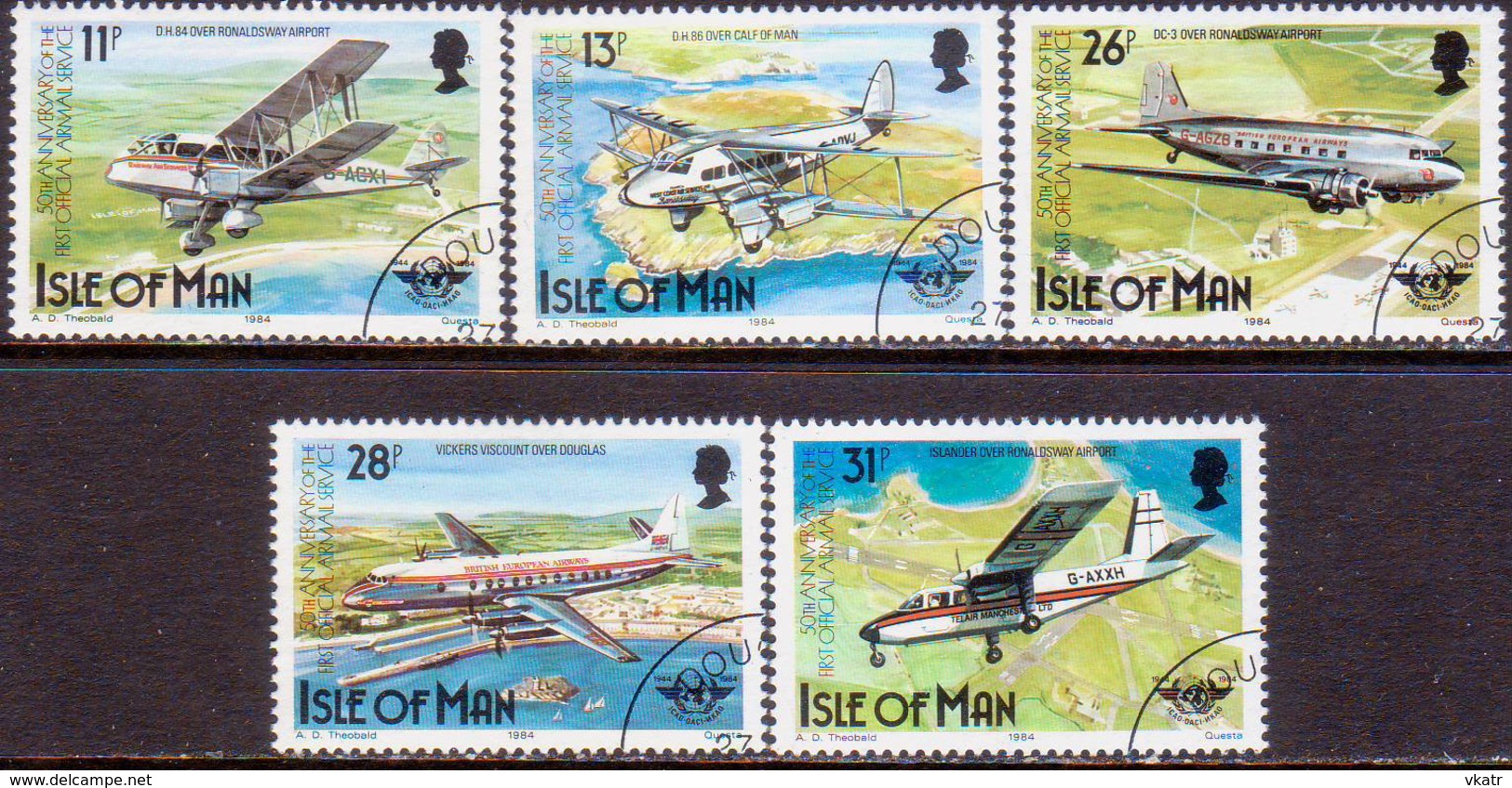 ISLE OF MAN 1984 SG 267-71 Compl.set Used First Official Airmail Service - Isla De Man