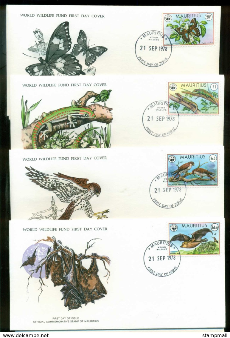 Mauritius 1978 WWF,ButterflyGecko, Kestrel, Bat,Franlkin Mint (with Inserts) 4xFDC Lot79618 - Mauritius (1968-...)