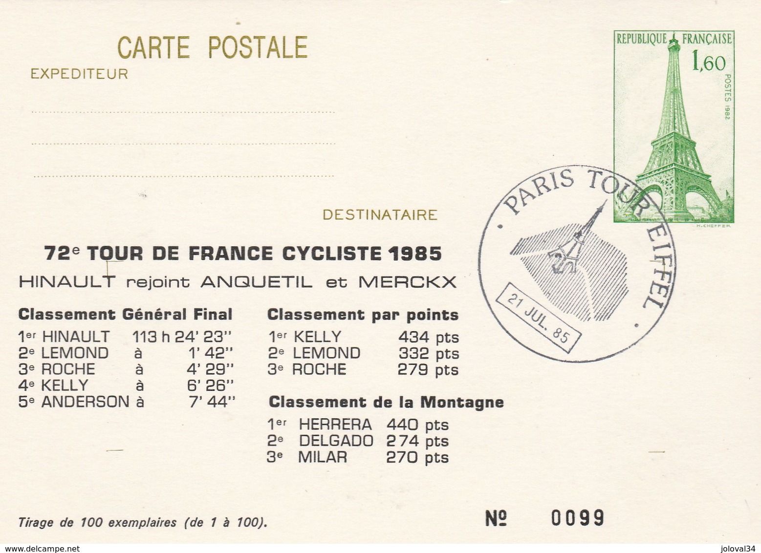 Entier Postal Tour Eiffel Repiquage Tour De France 1985 Classements - Tirage Limité 99/100 - Ciclismo