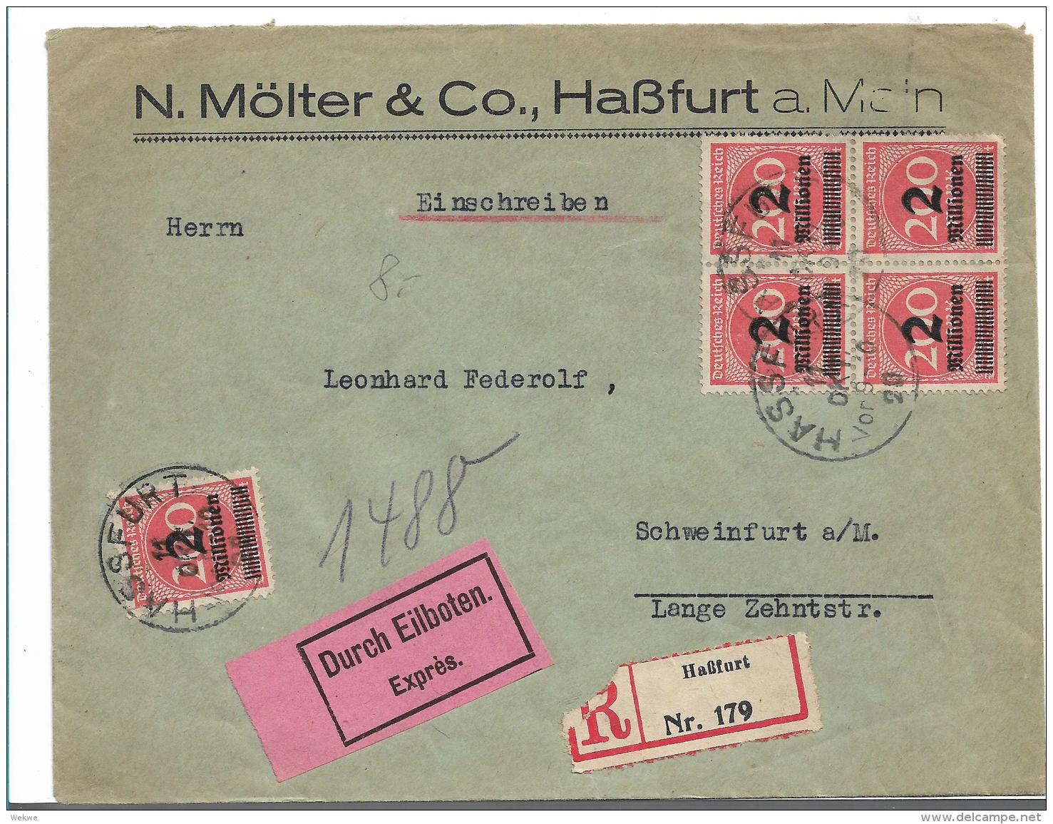 Republik XX008 / (1919-1923) Firmenbrief Per Eilboten/Einschreiben Als Mef-Frankatur Ex Hassfurt Nach Schweinfurt A.M. - Briefe U. Dokumente