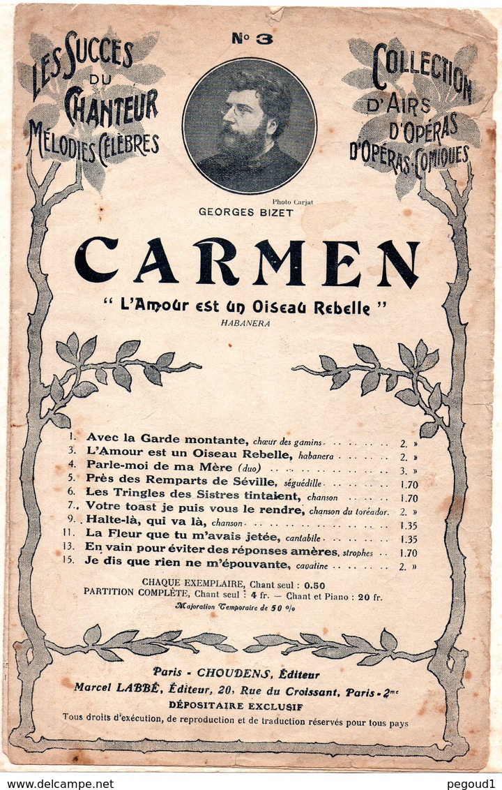 PARTITION MUSIQUE.CARMEN.BIZET.L'AMOUR EST UN OISEAU REBELLE.CHOUDENS.  Achat Immédiat - Partitions Musicales Anciennes