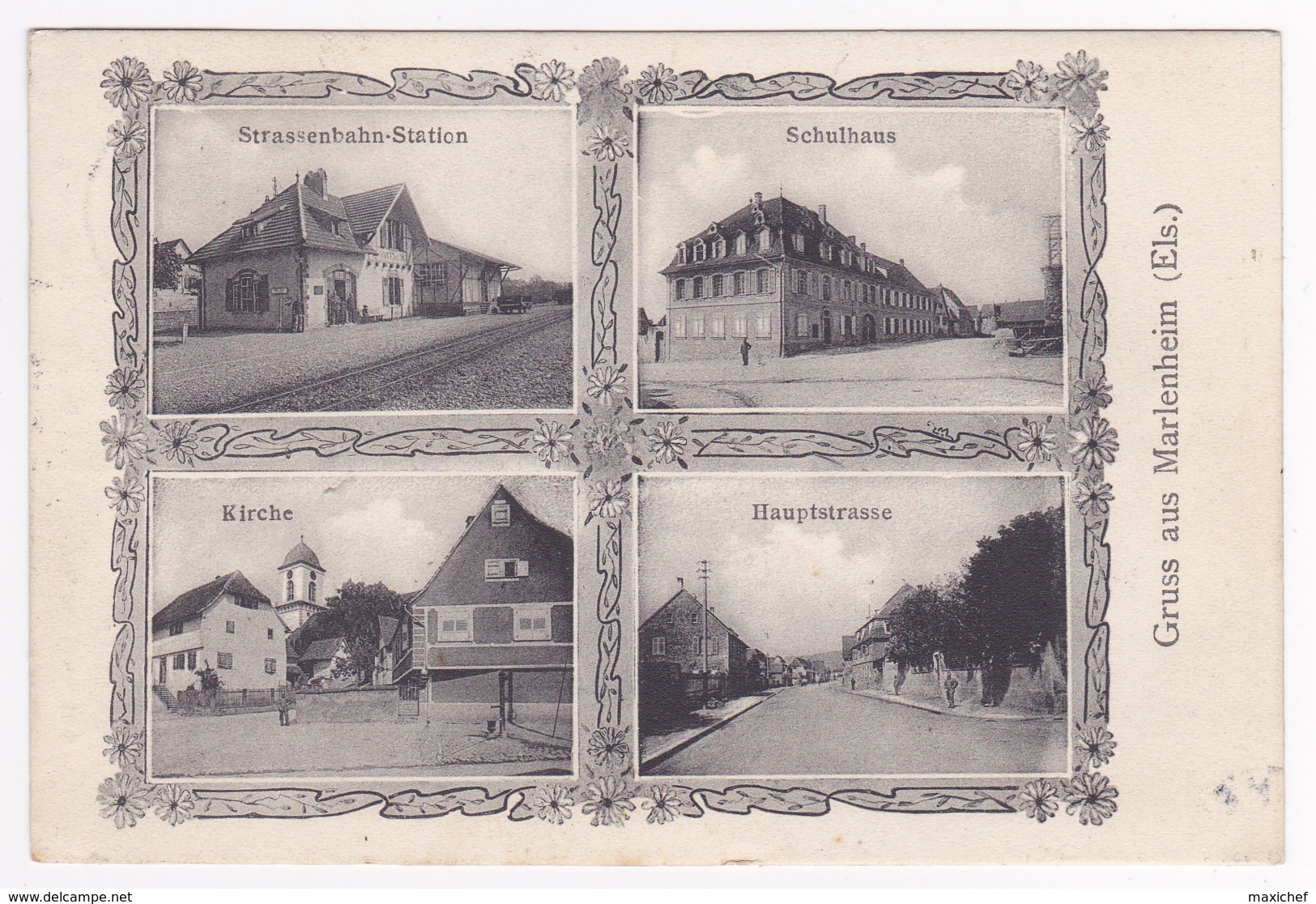 Gruss Aus Marlenheim - Multivues 4 Vues ( Strassenbahn-Station, Schulhaus, Kirche, Haupstrasse) Circulé 1909 - Autres & Non Classés