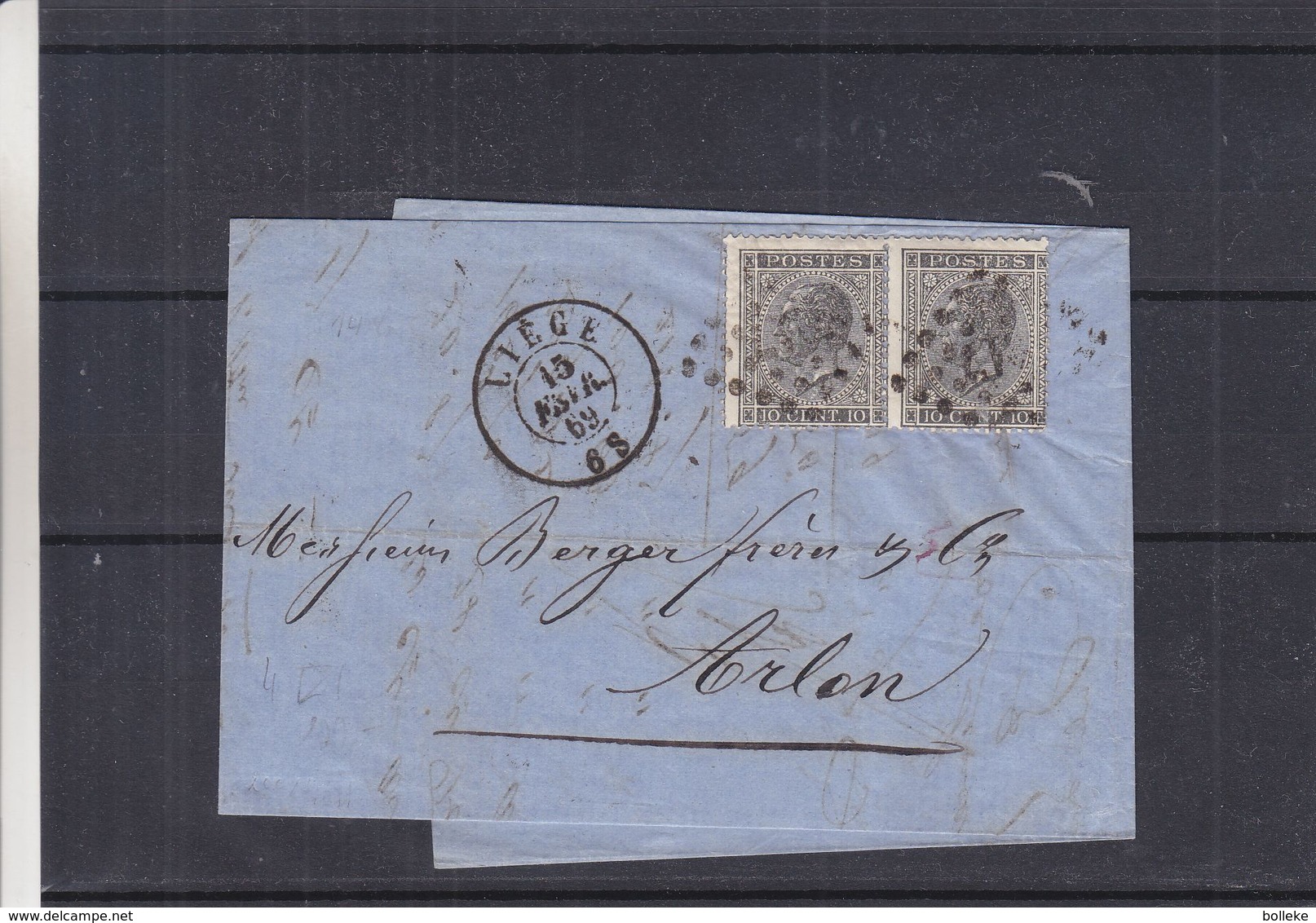 Belgique - Lettre De 1869 - Oblit Liège - Exp Vers Arlon - Cachet à Points 17 ? - 1865-1866 Profil Gauche