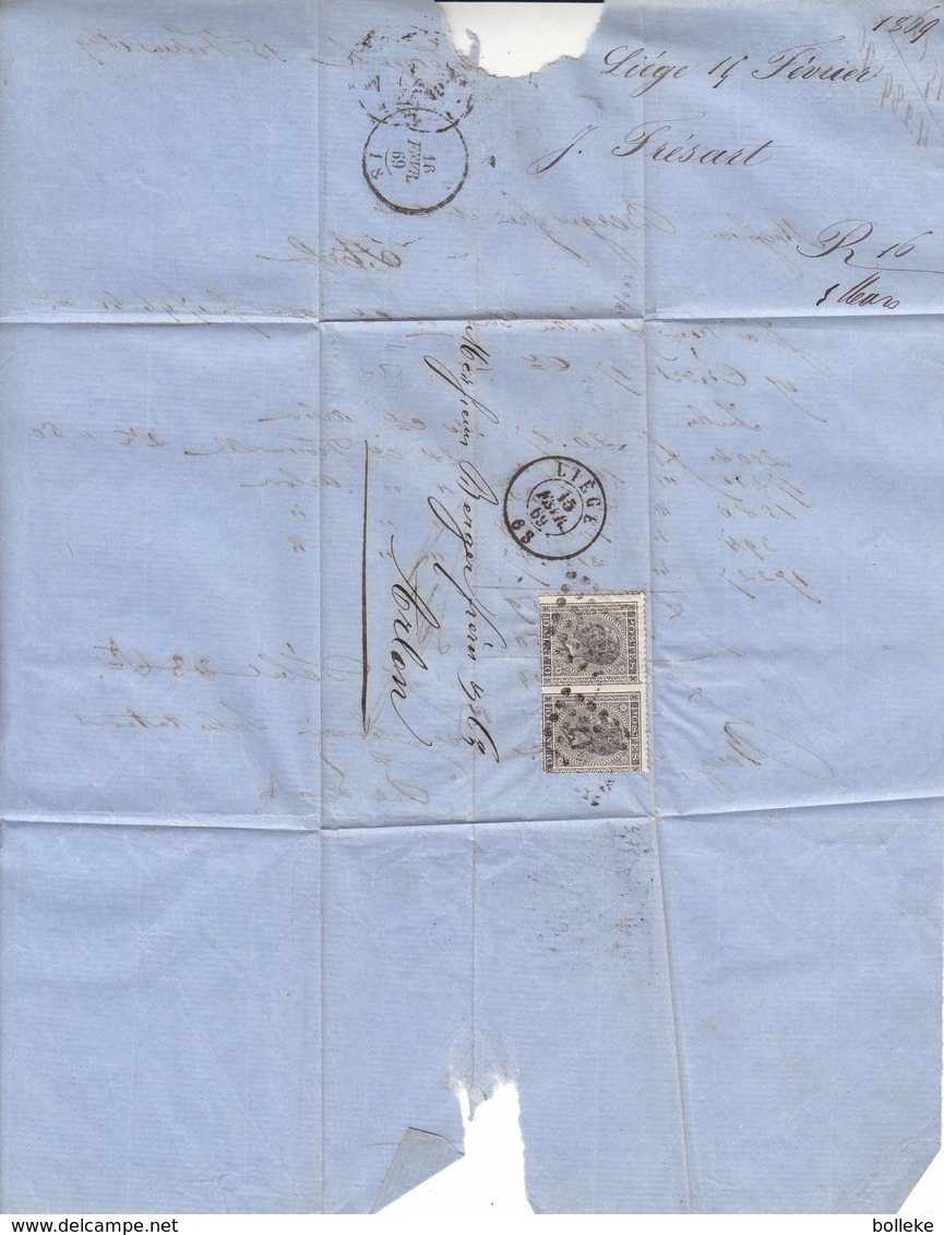 Belgique - Lettre De 1869 - Oblit Liège - Exp Vers Arlon - Cachet à Points 17 ? - 1865-1866 Profil Gauche