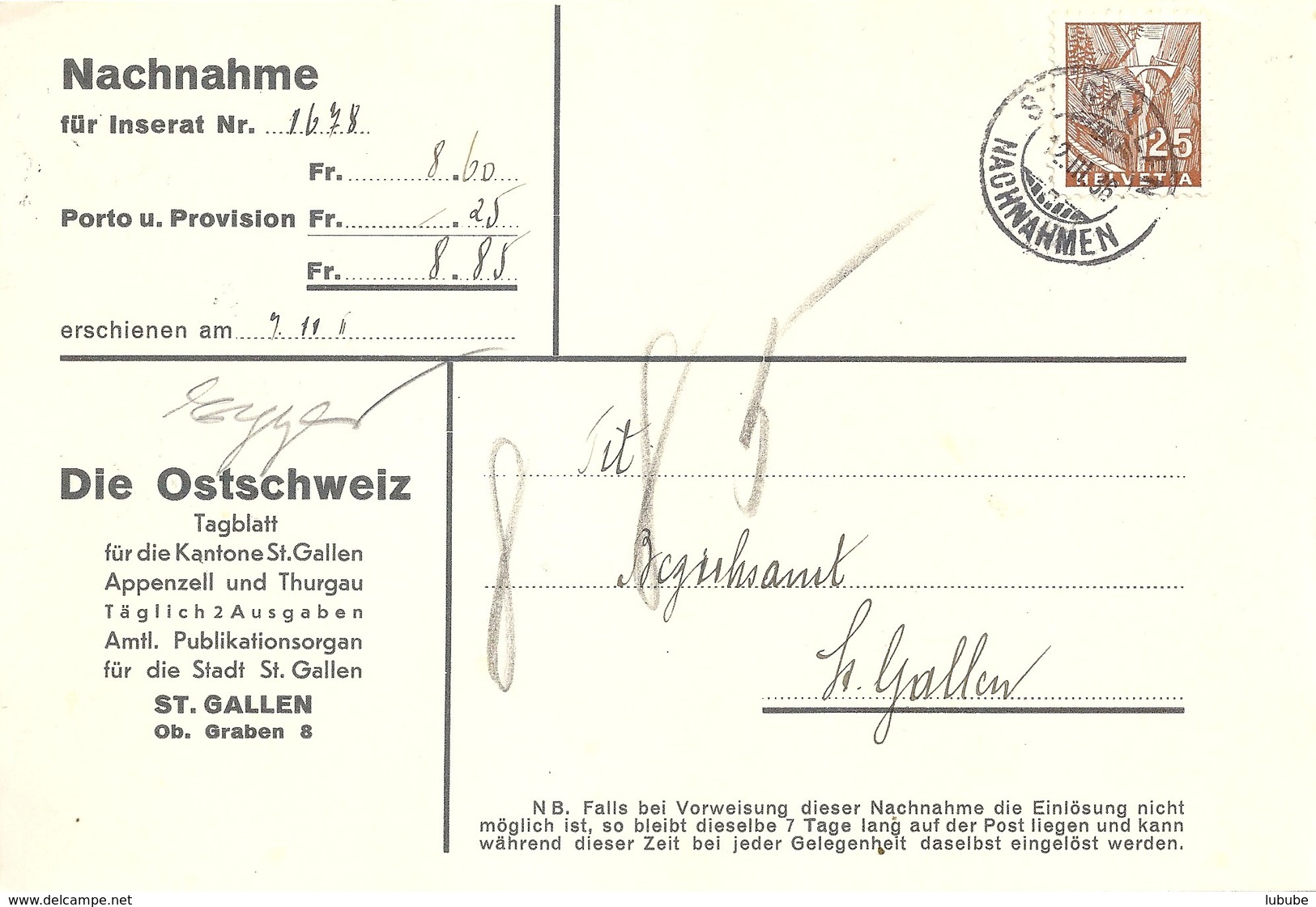 NN Streifband  "Die Ostschweiz, St.Gallen"            1936 - Briefe U. Dokumente