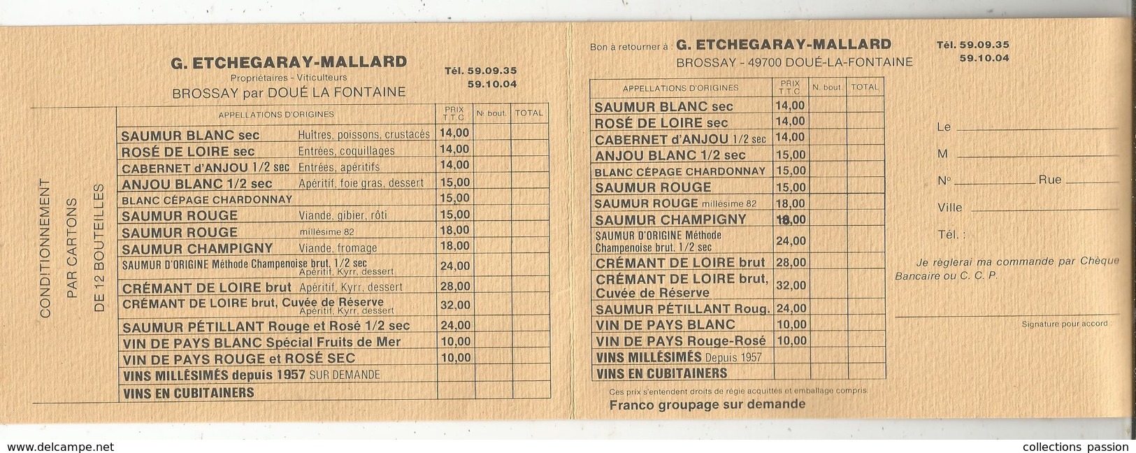 Carte De Visite 4 Pages , Vins , G. Etchegaray-Mallard , Viticulteurs , 49 , Doué La Fontaine , Tarif, 3 Scans - Visiting Cards