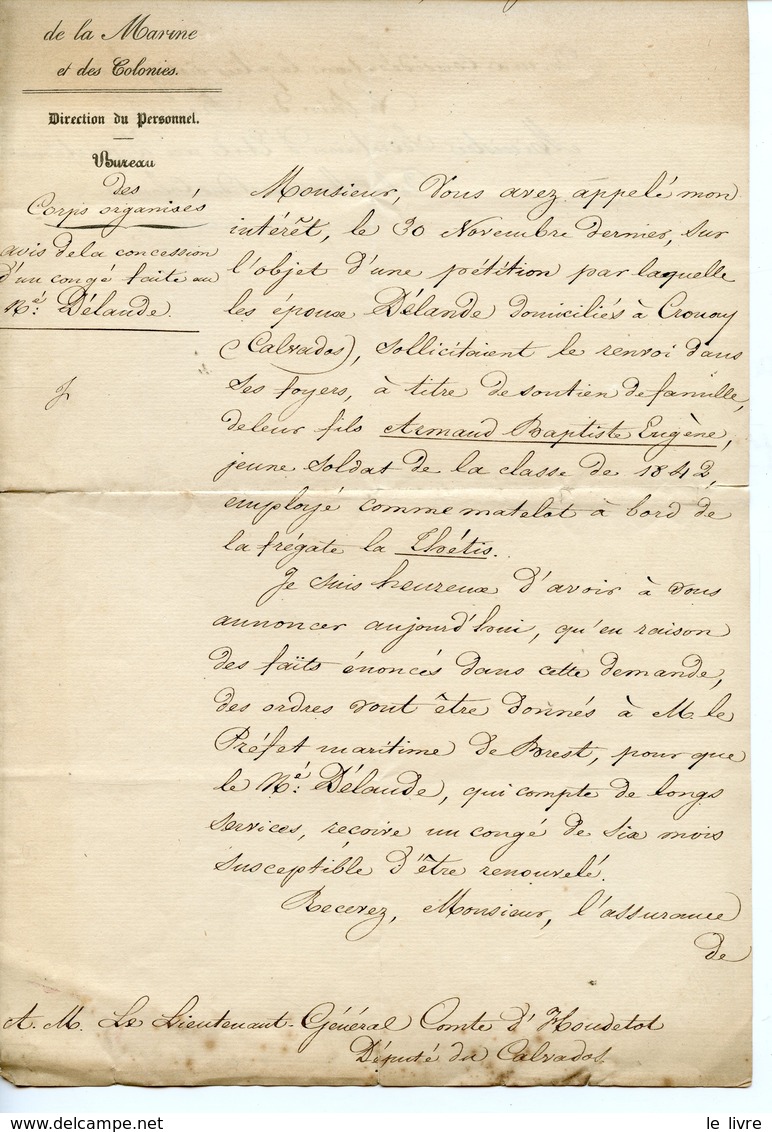 85. LOUIS NAPOLEON AUGUSTE LANNES MONTEBELLO MINISTRE MARINE 1848. SIGNATURE SUR LETTRE MATELOT DE CROUAY SUR LA THETIS - Autres & Non Classés